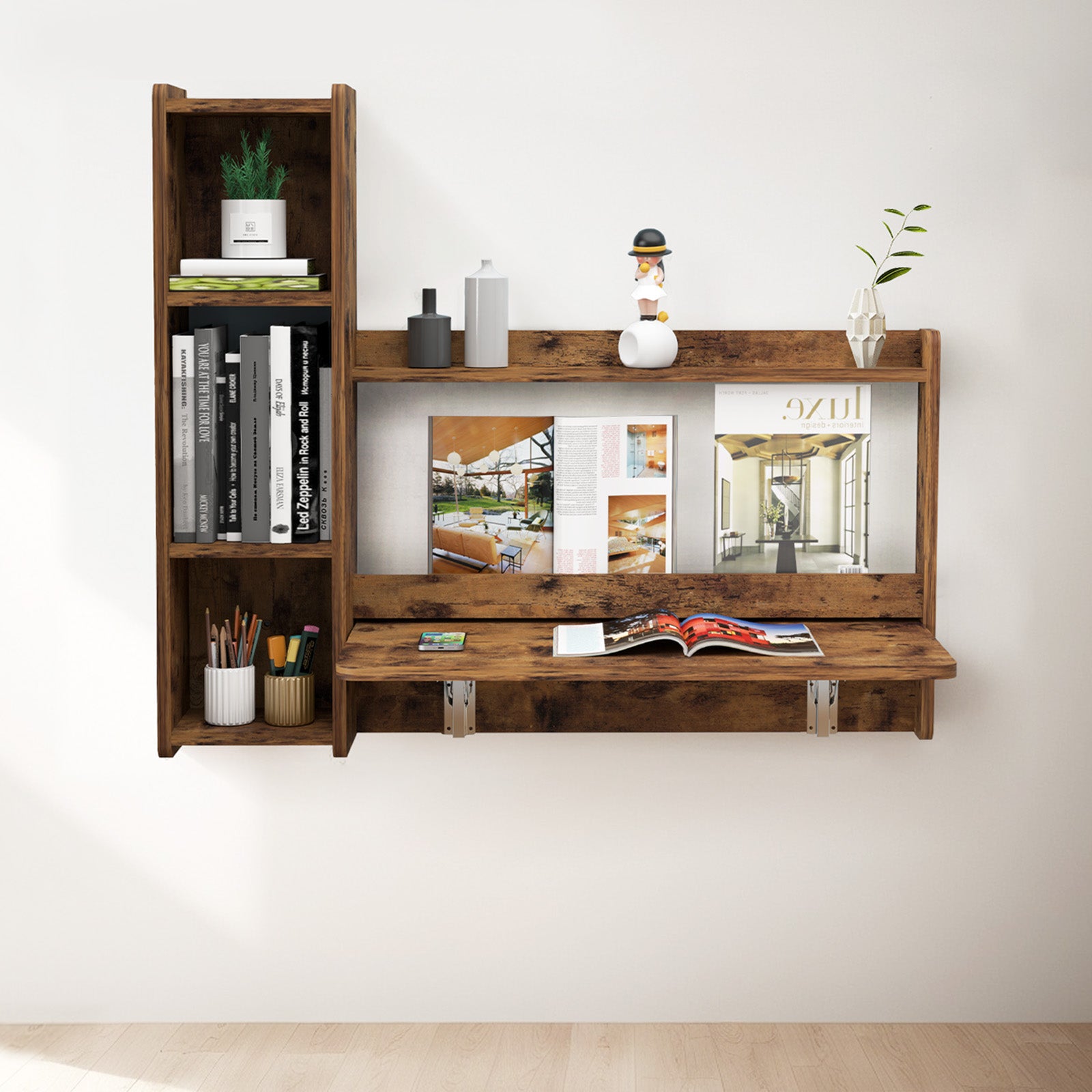 Rustic Brown Plywood Floating Fold Down Wall Desk With Storage Shelf #shelf_left
