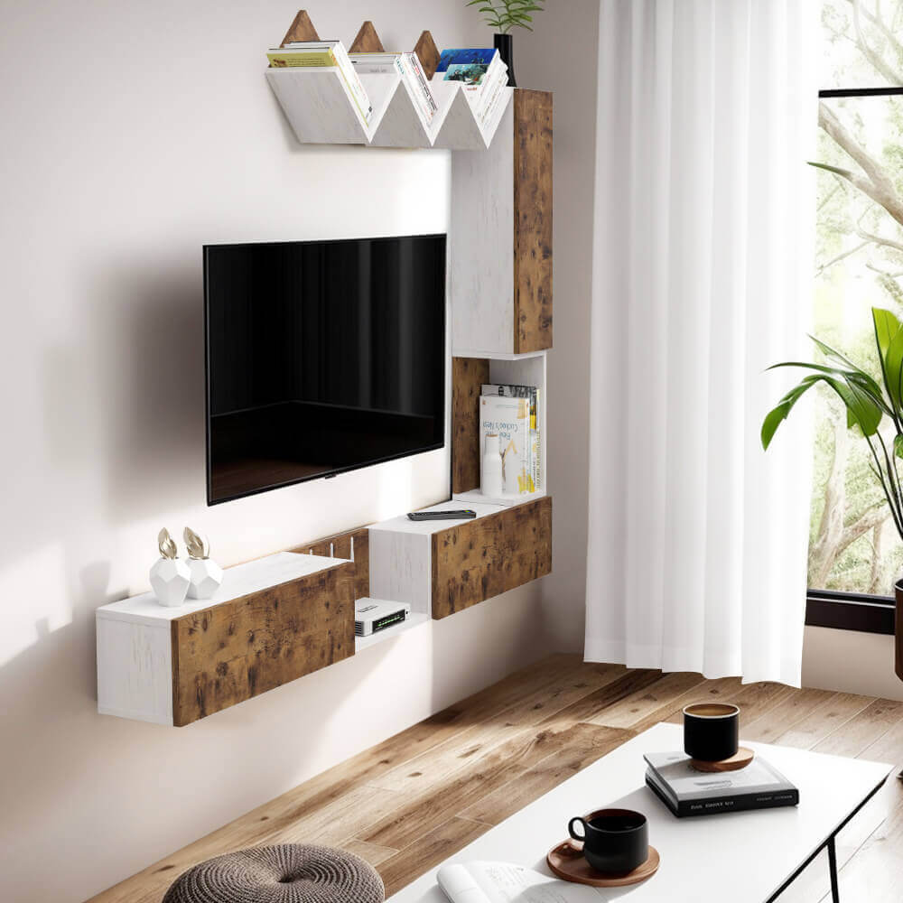 Rustic Brown Wood Above TV Shelf for DIY Floating TV Stand, Set of 3 V-shape Shelf