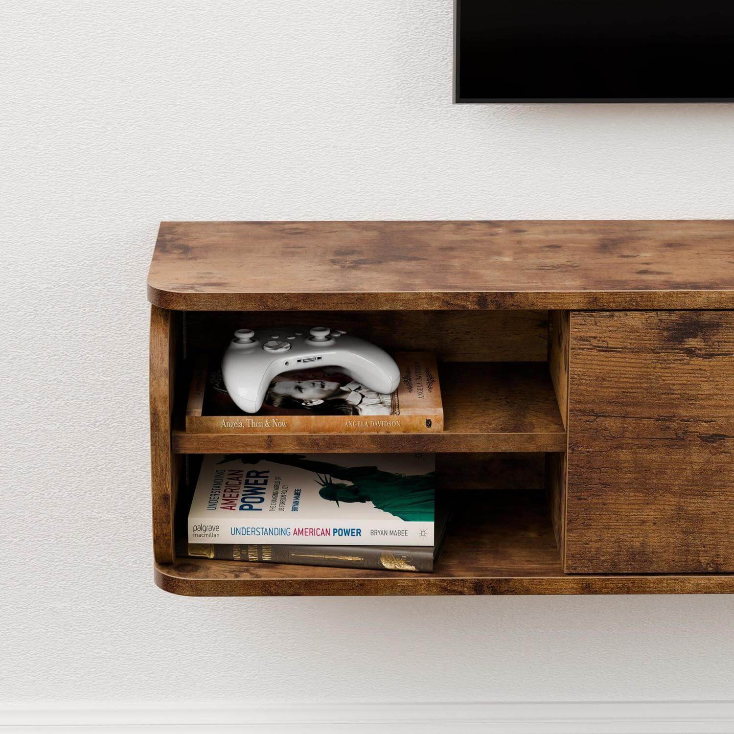 Contemporary Small Floating Wall Shelf for Mounted 55” 60” TV with Cable Management to Hide Wires, Wooden TV Stand furniture for Hotel, Office