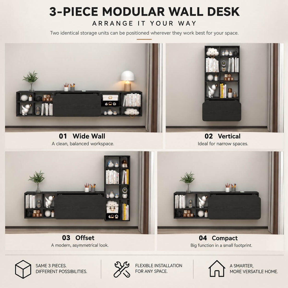 Black Three-piece Modular Wall Fold Down Desk Storage Shelving Bookcase
