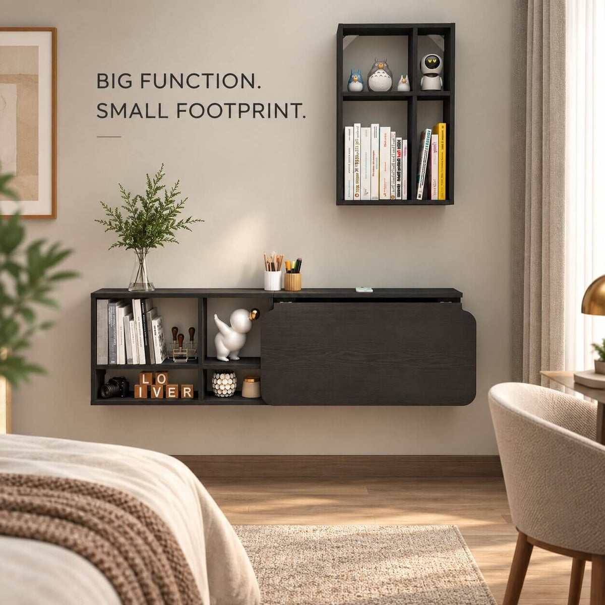 Black Three-piece Modular Wall Fold Down Desk Storage Shelving Bookcase