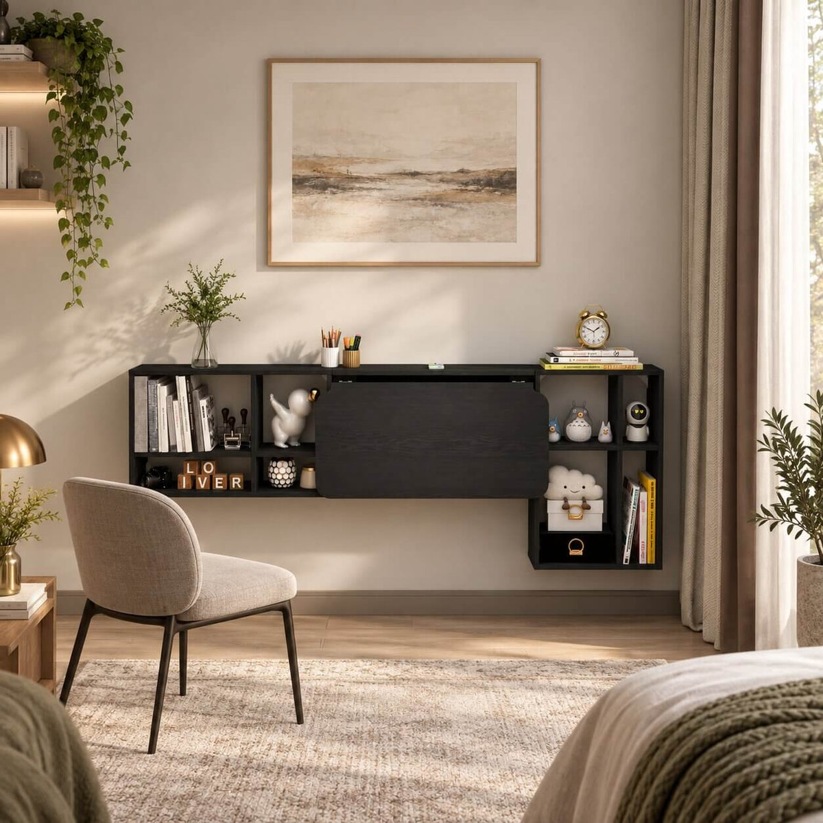 Black Three-piece Modular Wall Fold Down Desk Storage Shelving Bookcase