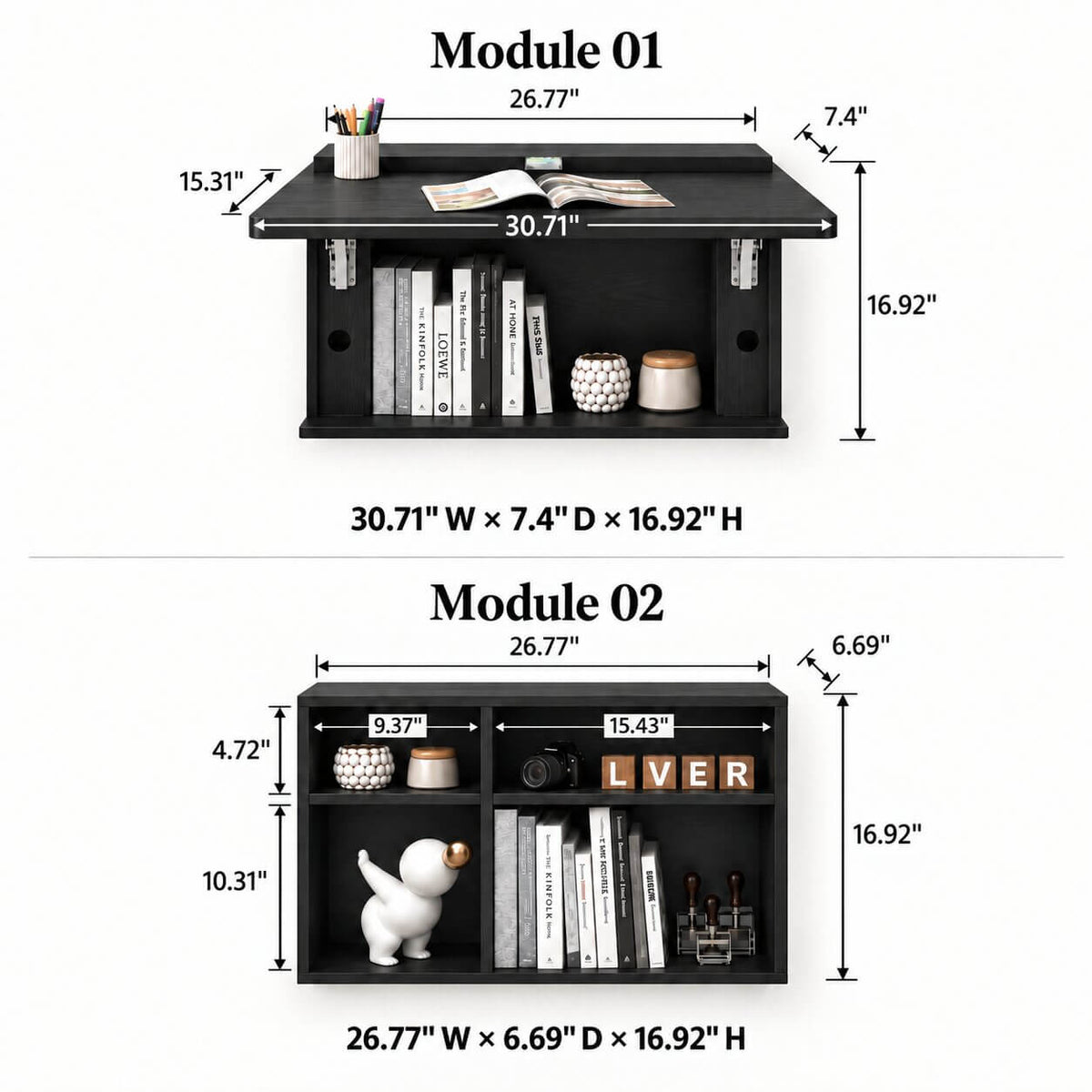 Black Three-piece Modular Wall Fold Down Desk Storage Shelving Bookcase