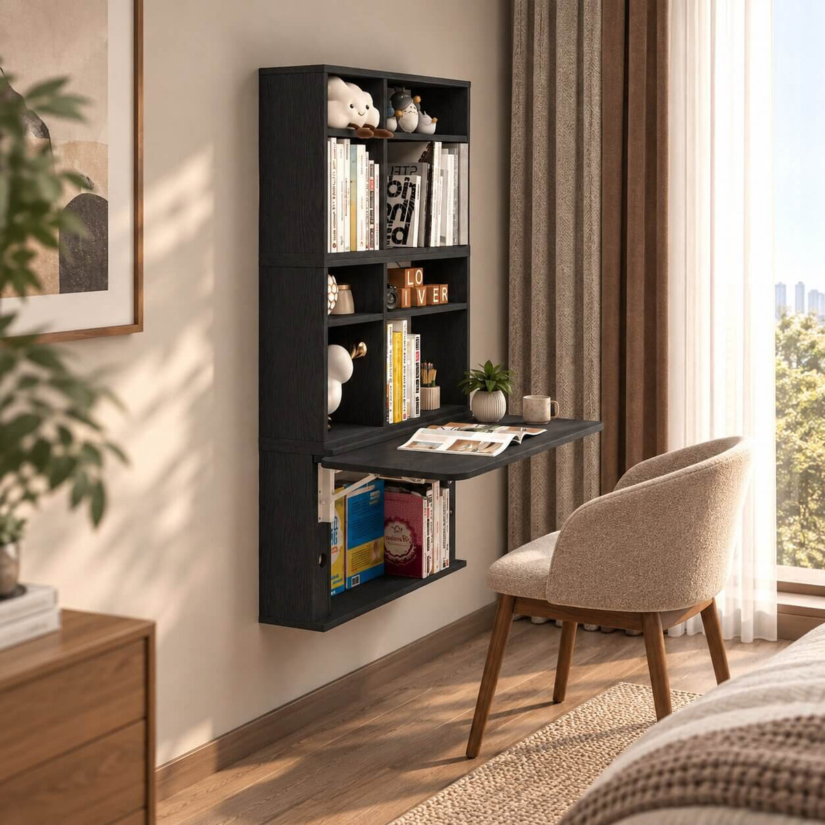 Black Three-piece Modular Wall Fold Down Desk Storage Shelving Bookcase