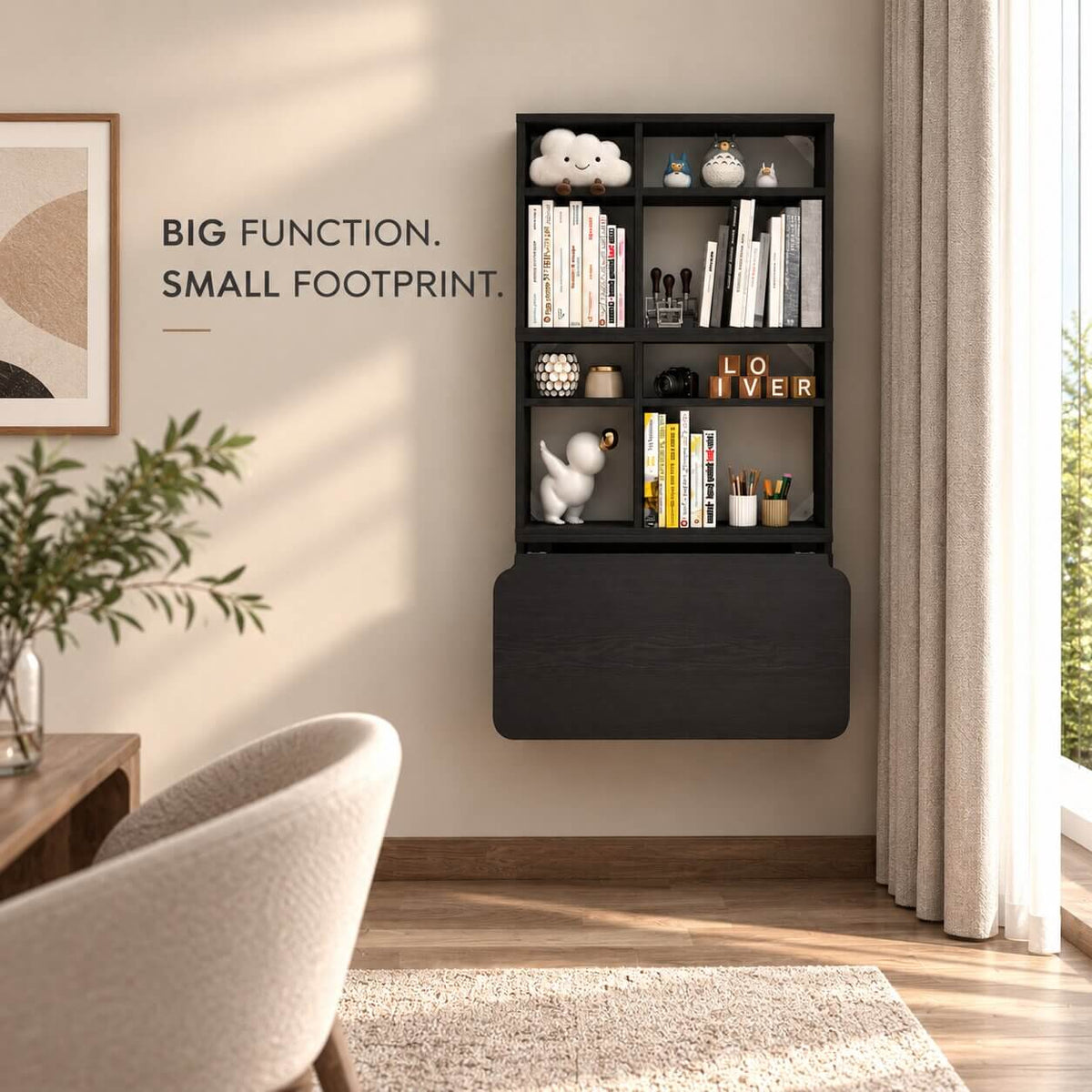 Black Three-piece Modular Wall Fold Down Desk Storage Shelving Bookcase