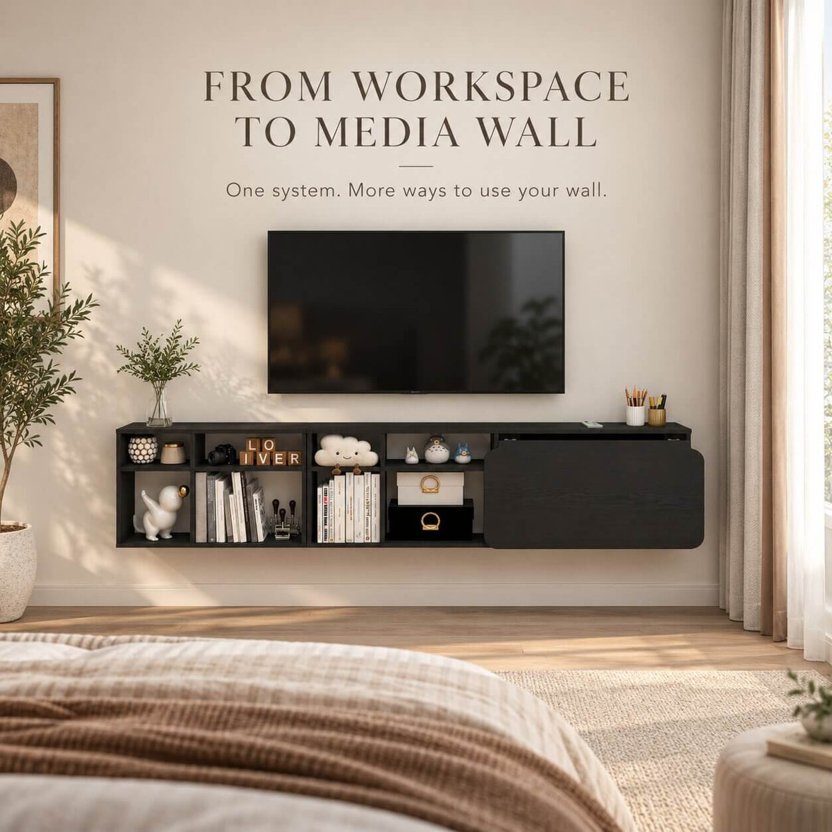 Black Three-piece Modular Wall Fold Down Desk Storage Shelving Bookcase