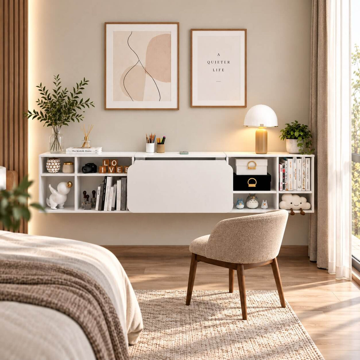 White Three-piece Modular Wall Fold Down Desk Storage Shelving
