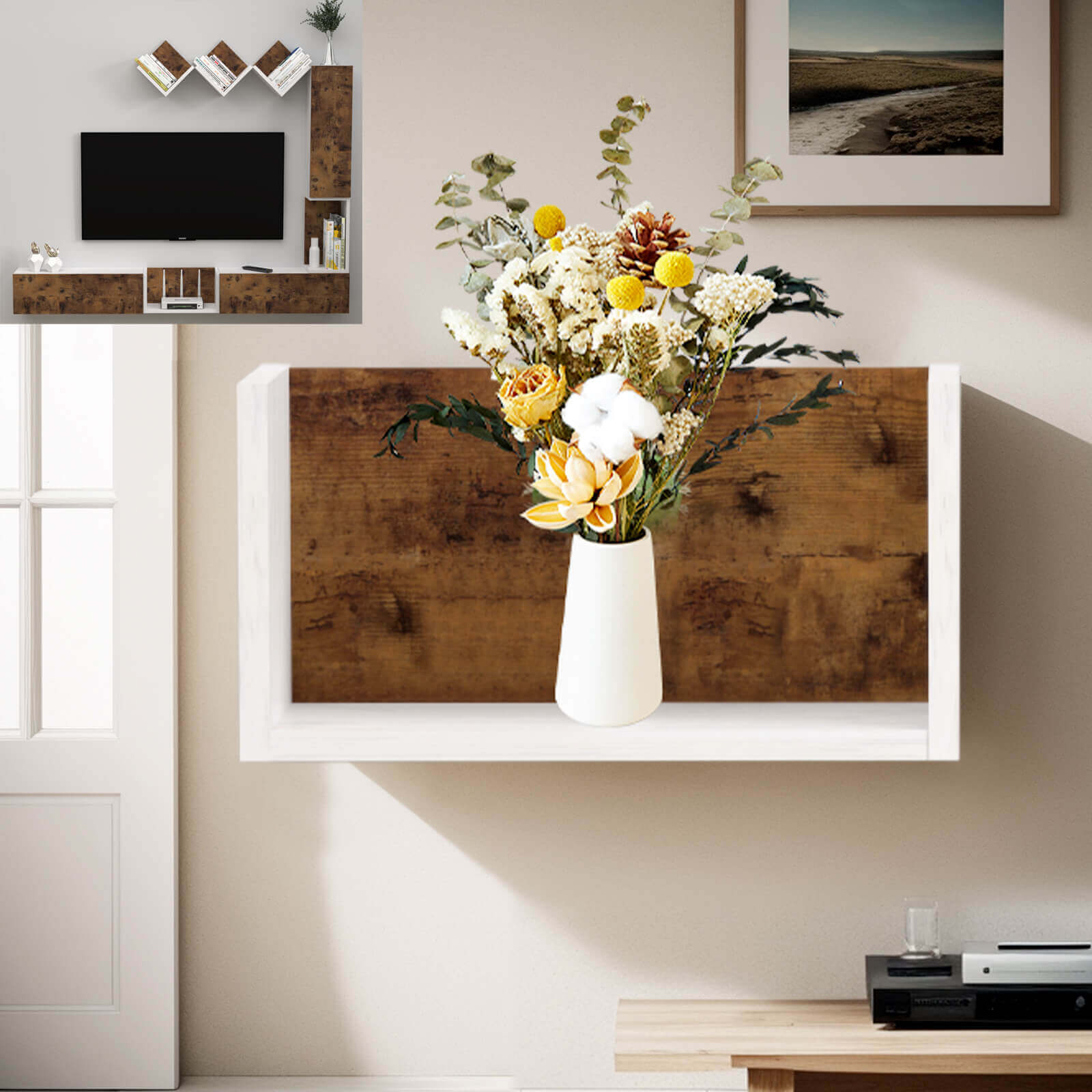 Rustic Brown Wood Above TV Shelf for DIY Floating TV Stand, Set of 3 V-shape Shelf