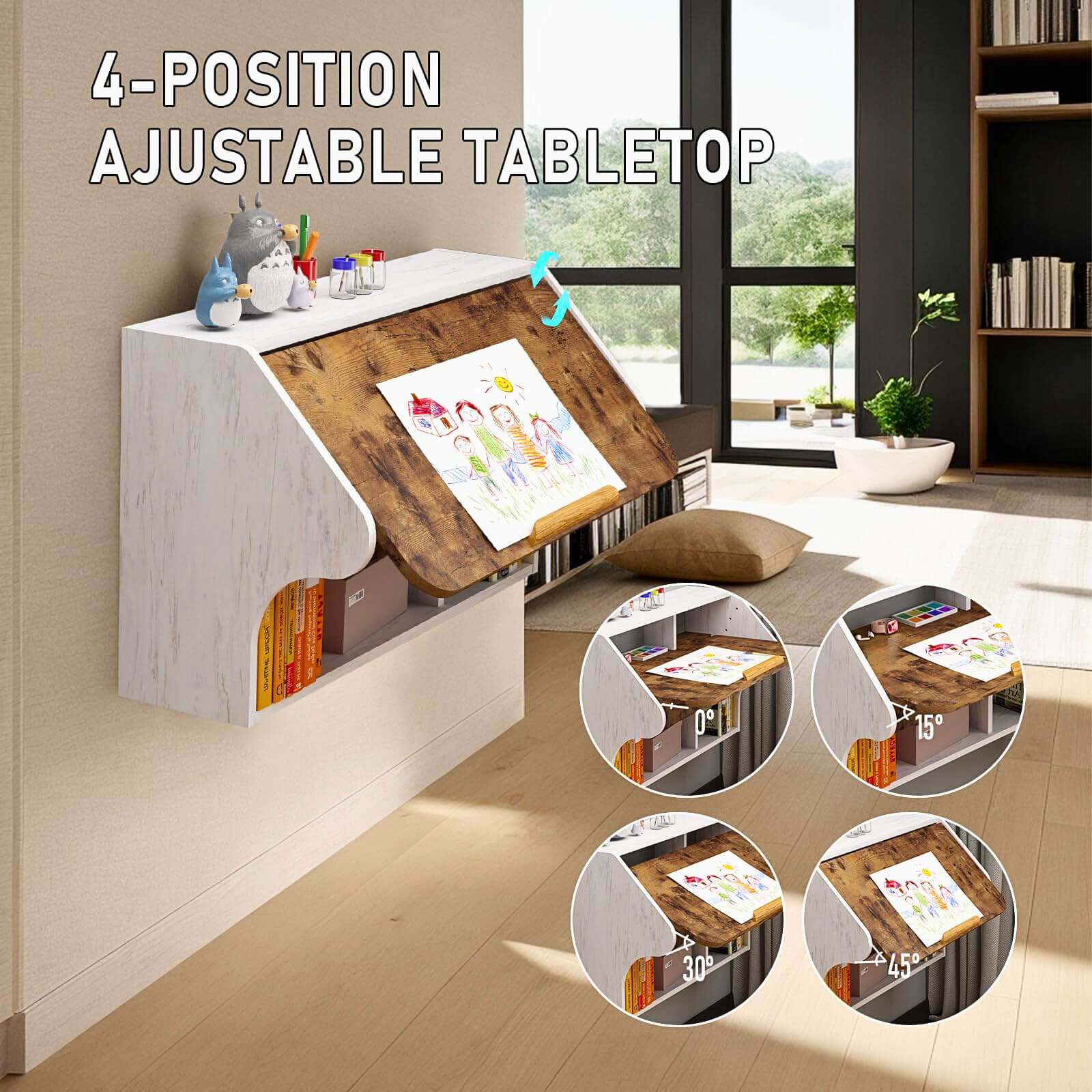 Wall-Mounted Adjustable Wooden Desk with 4-level Angles
