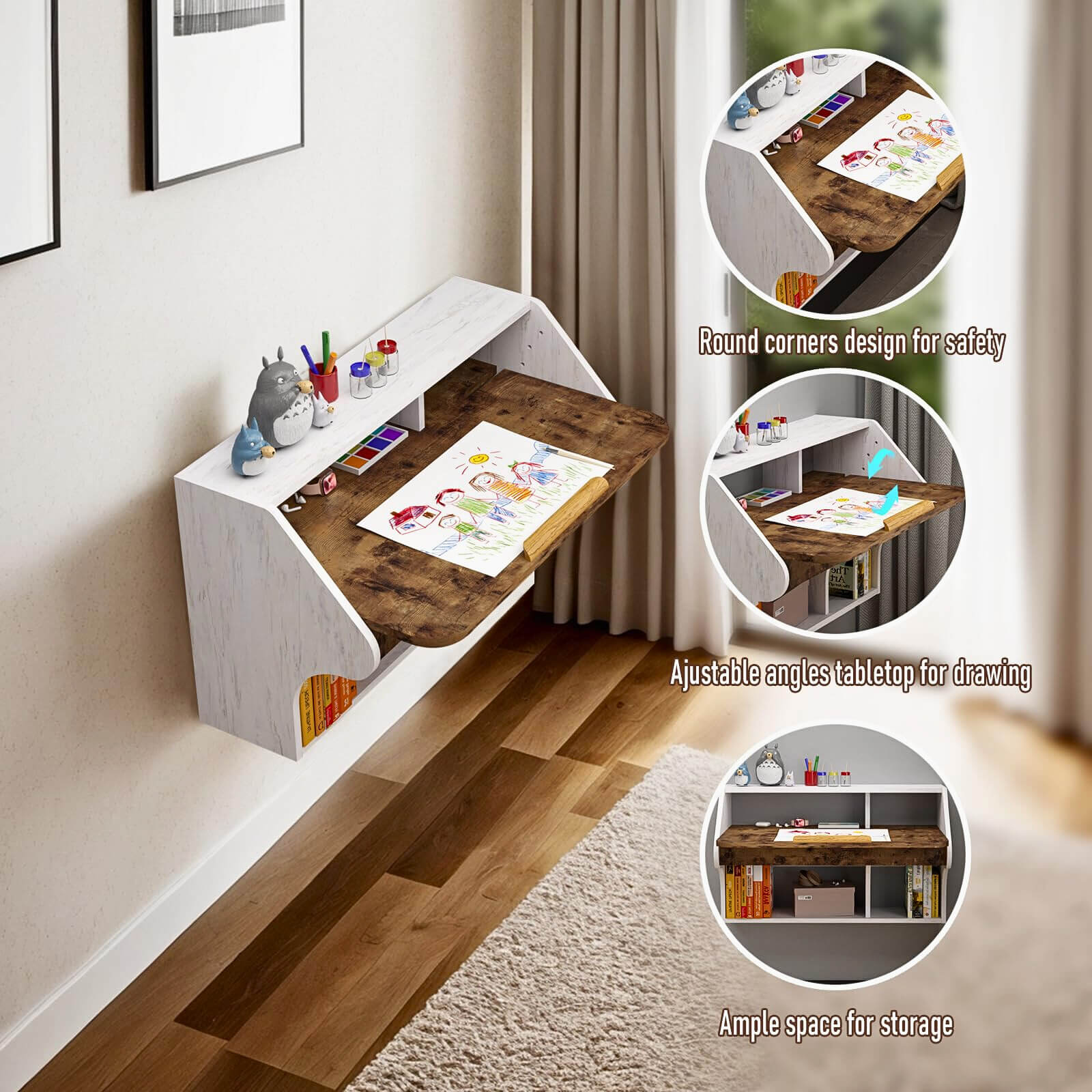 Wall-Mounted Adjustable Wooden Desk with 4-level Angles