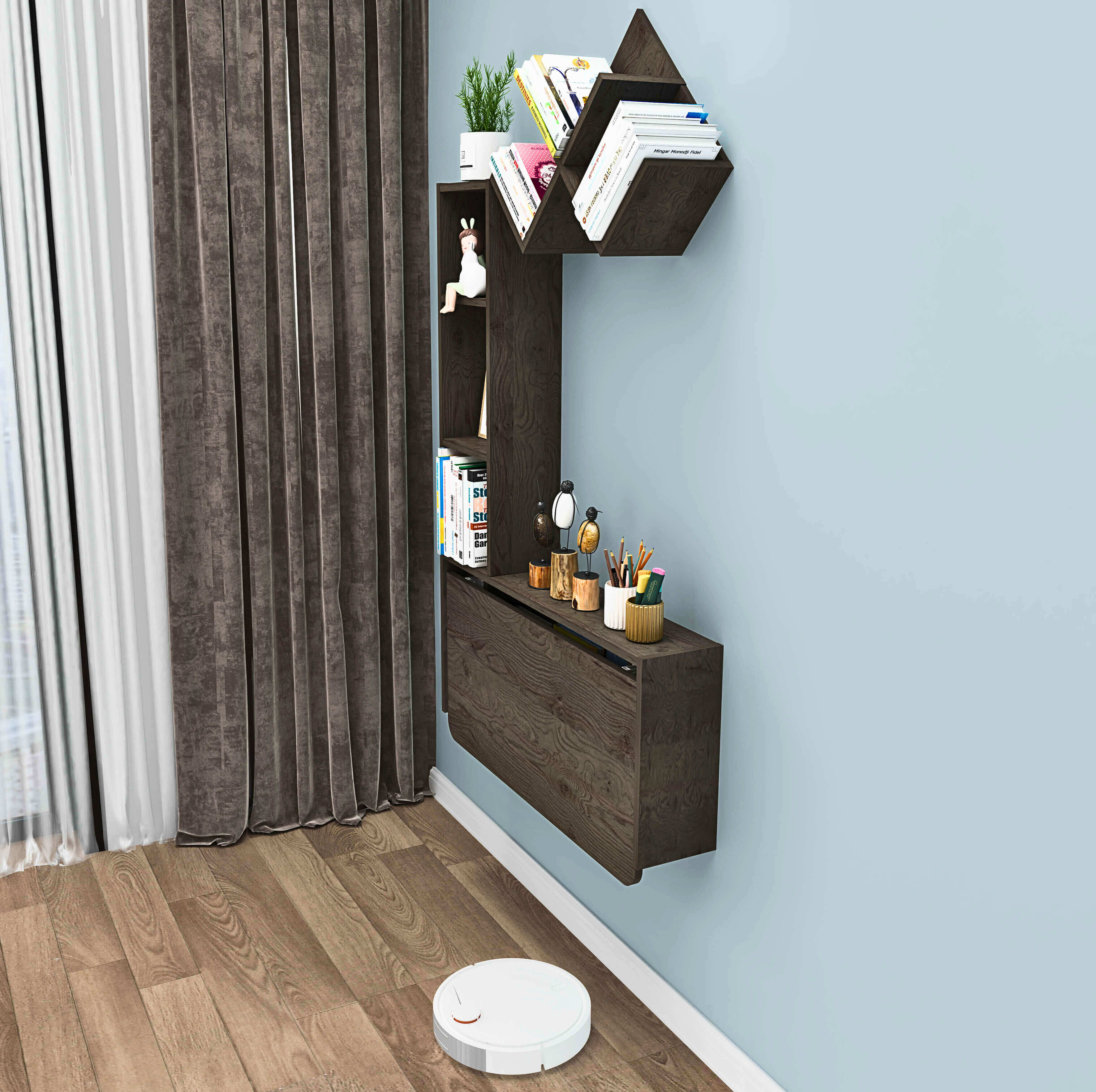 Grey Wall Mounted Fold Down Desk with Free Matching Shelves