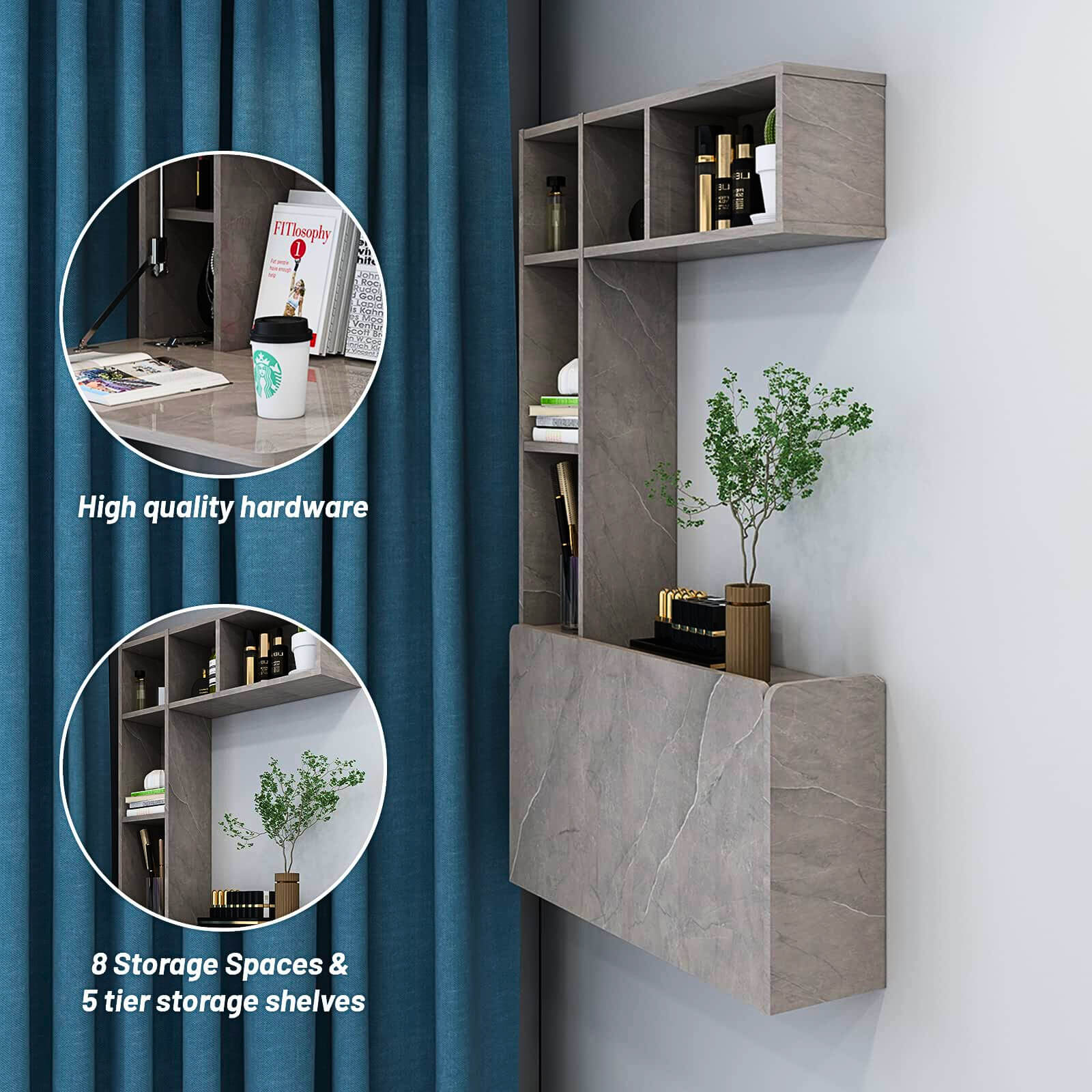 Plywood Wall Mounted Fold Down Desk with Large Storage Shelf #color_pietra grey