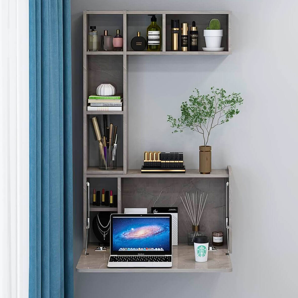 Plywood Wall Mounted Fold Down Desk with Large Storage Shelf #color_pietra grey