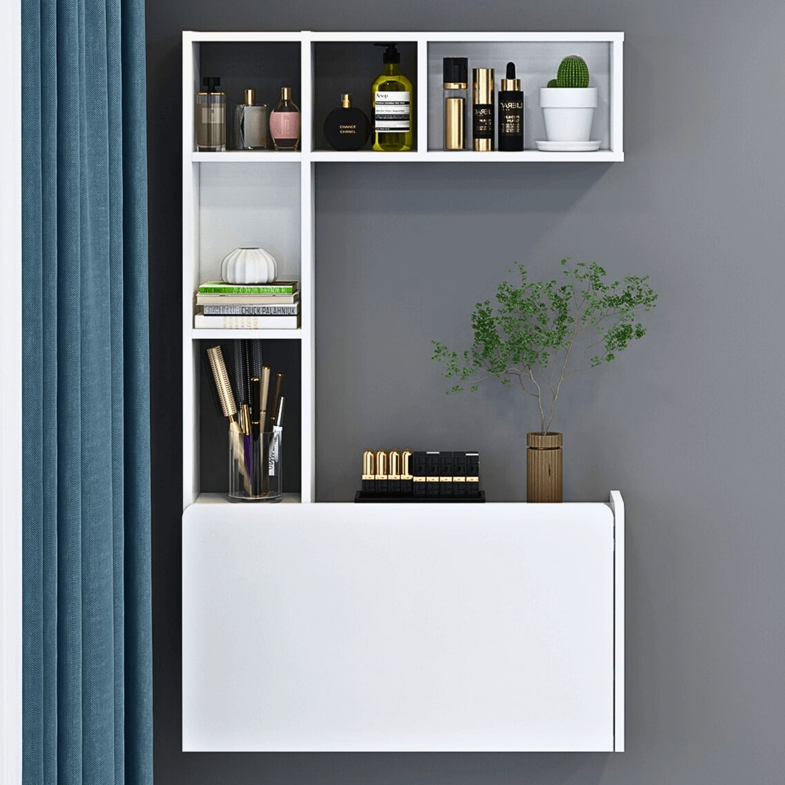 Wall Mounted Floating Storage Box Shelves with Folding Laptop Wall Desk #color_white