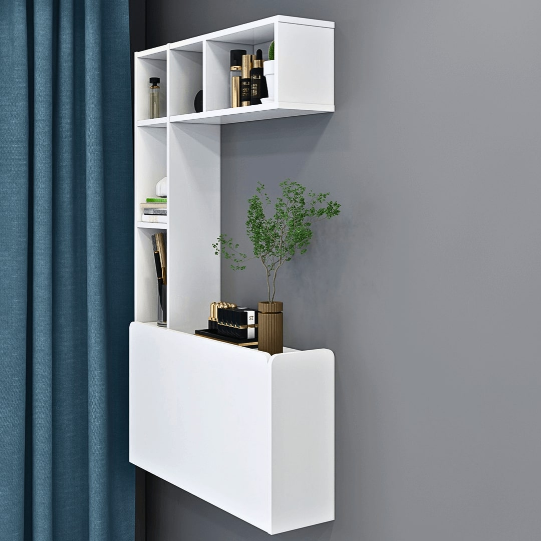 Wall Mounted Floating Storage Box Shelves with Folding Laptop Wall Desk #color_white