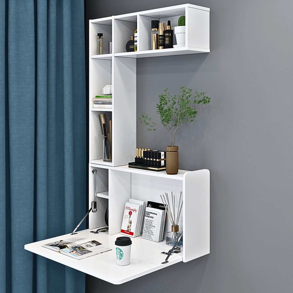 Wall Mounted Floating Storage Box Shelves with Folding Laptop Wall Desk #color_white