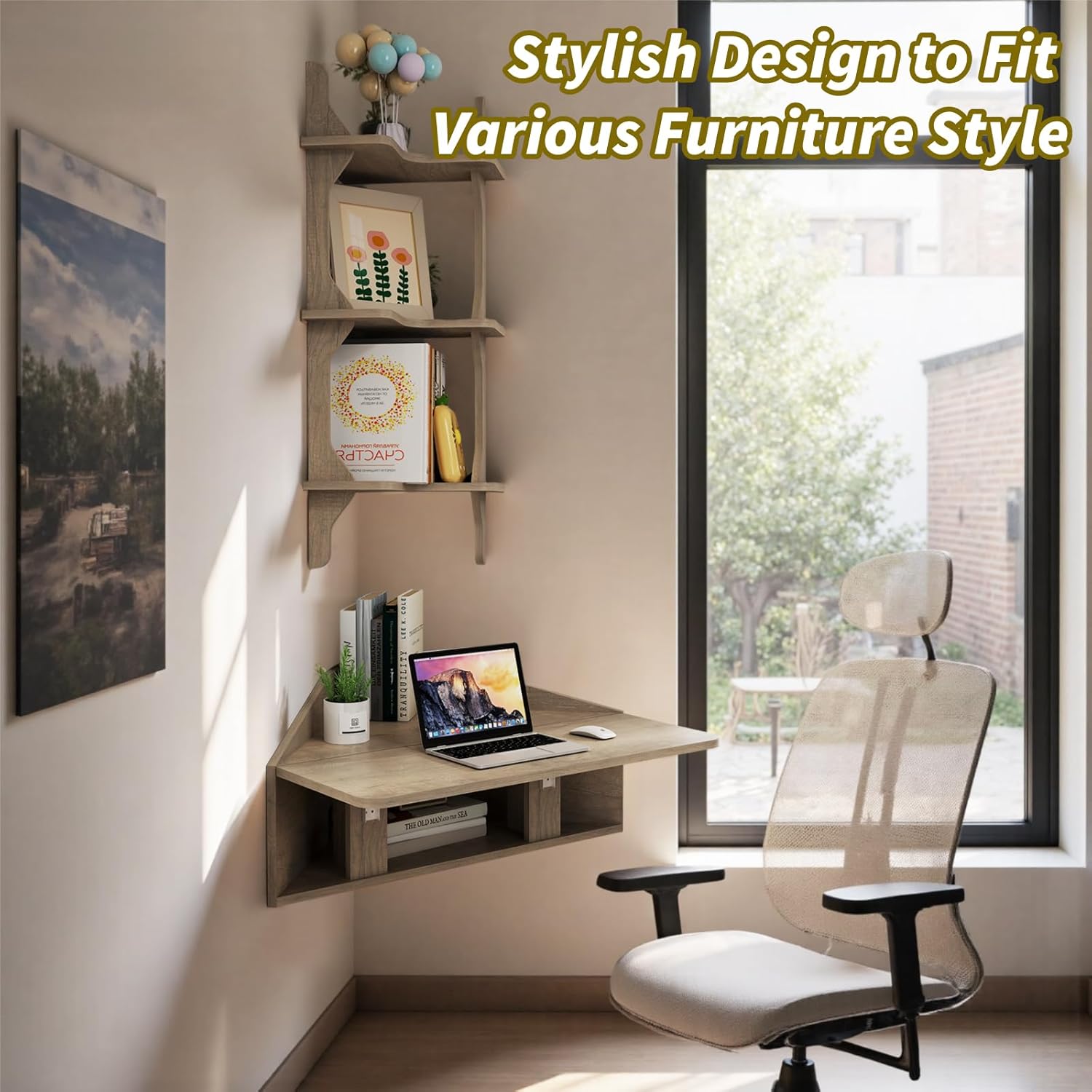 Folding Corner Wall Desk with Storage Shelves
