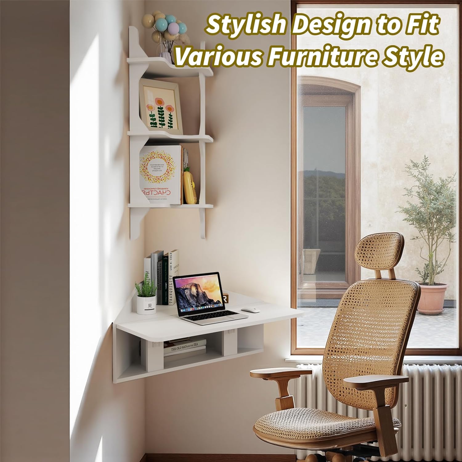 Folding Corner Wall Desk with Storage Shelves