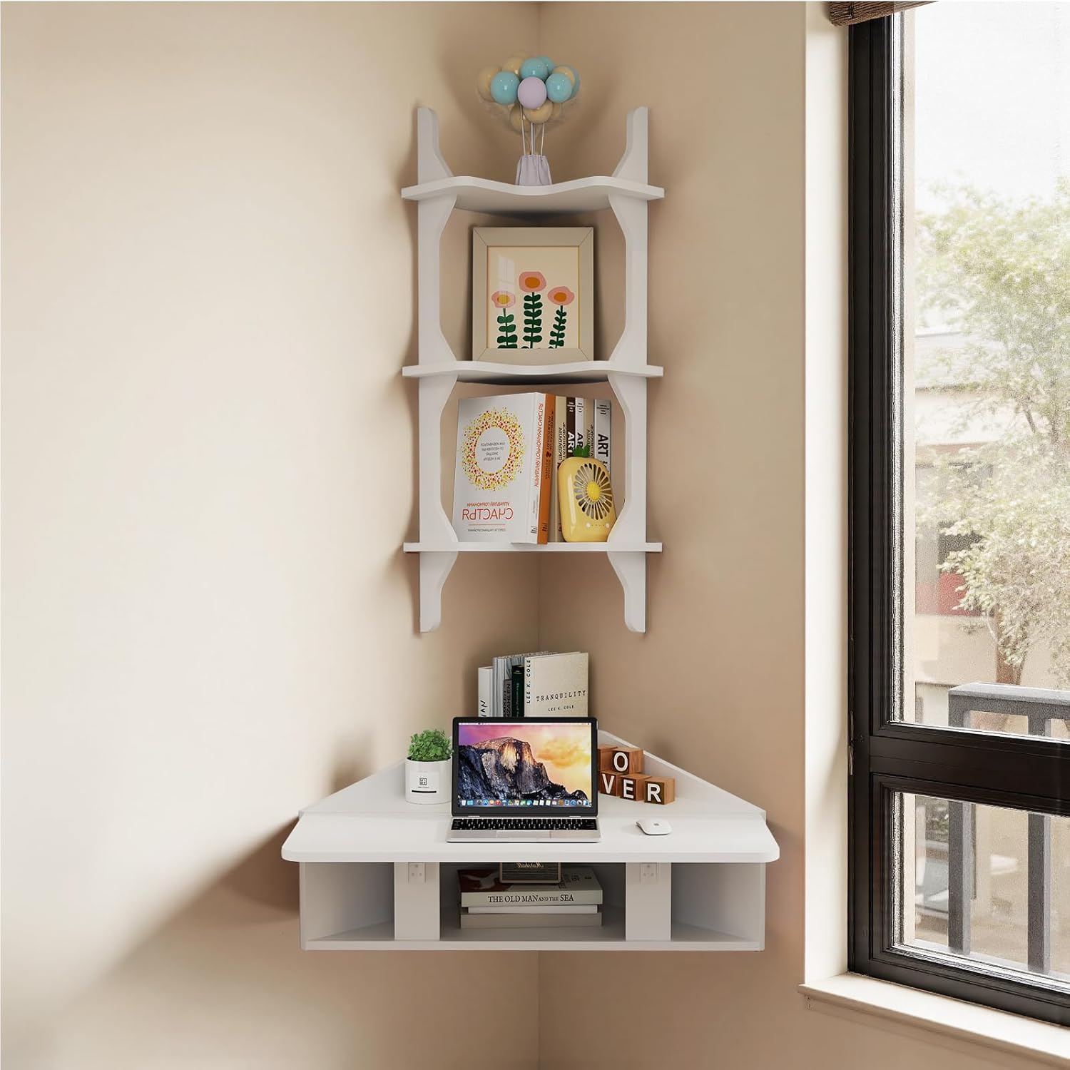 Folding Corner Wall Desk with Storage Shelves