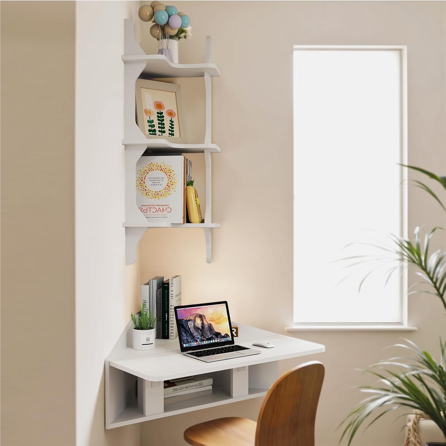 Folding Corner Wall Desk with Storage Shelves