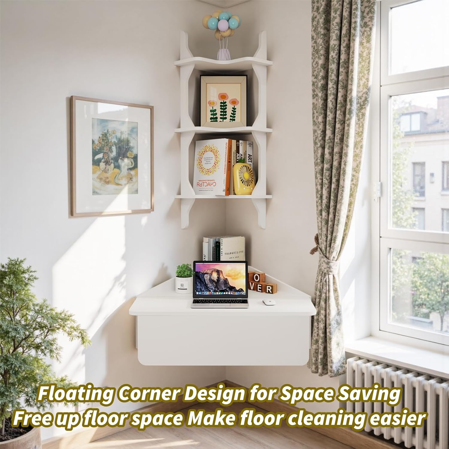 Folding Corner Wall Desk with Storage Shelves