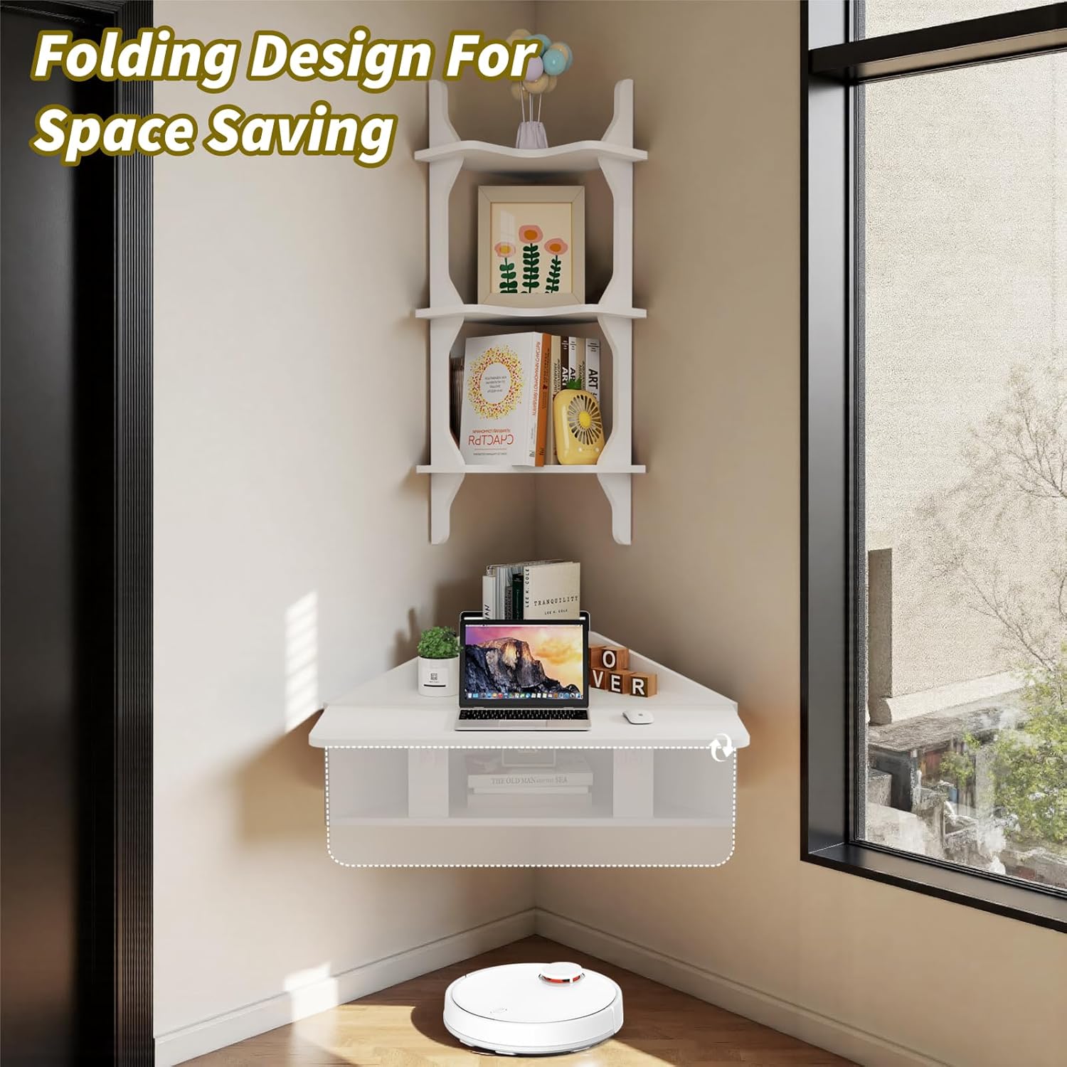 Folding Corner Wall Desk with Storage Shelves