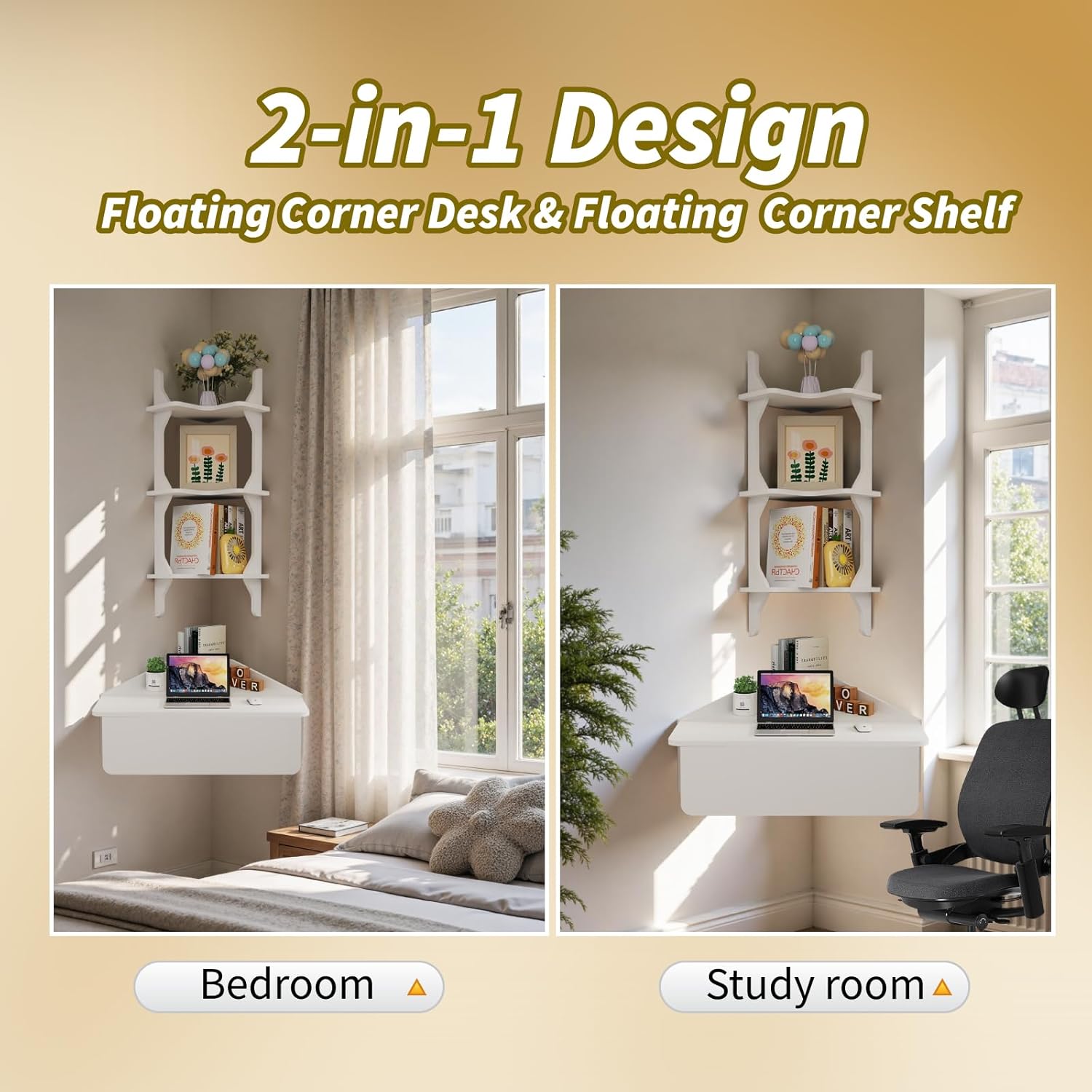 Folding Corner Wall Desk with Storage Shelves