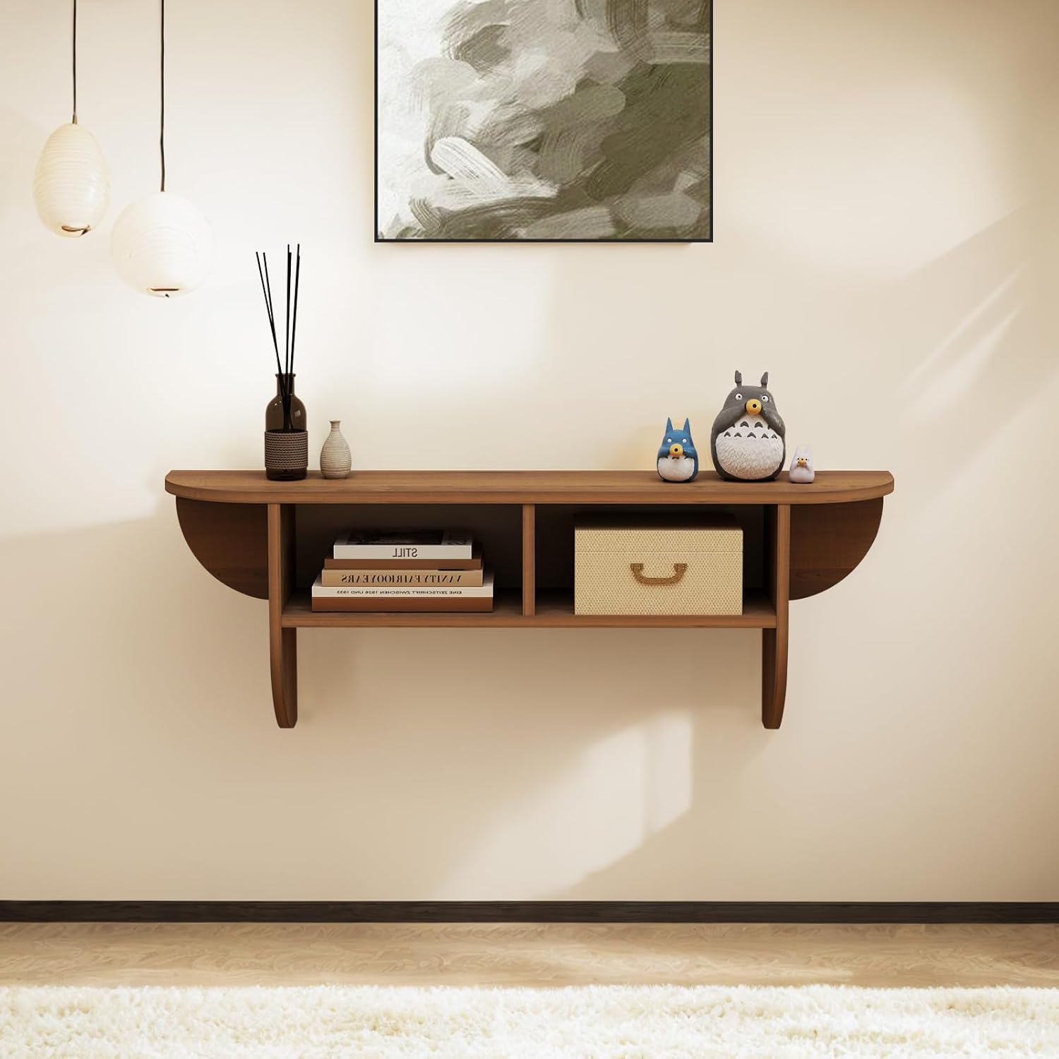 Walnut Modern Floating Display Wall Shelf with Storage Cubbies