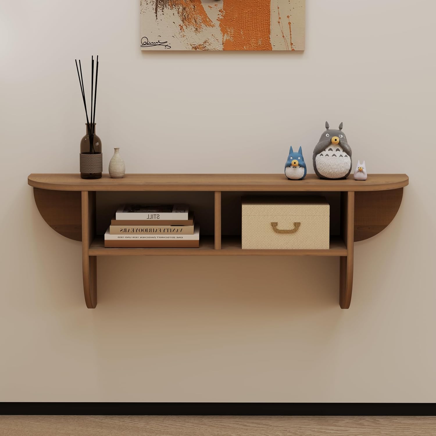 Walnut Modern Floating Display Wall Shelf with Storage Cubbies