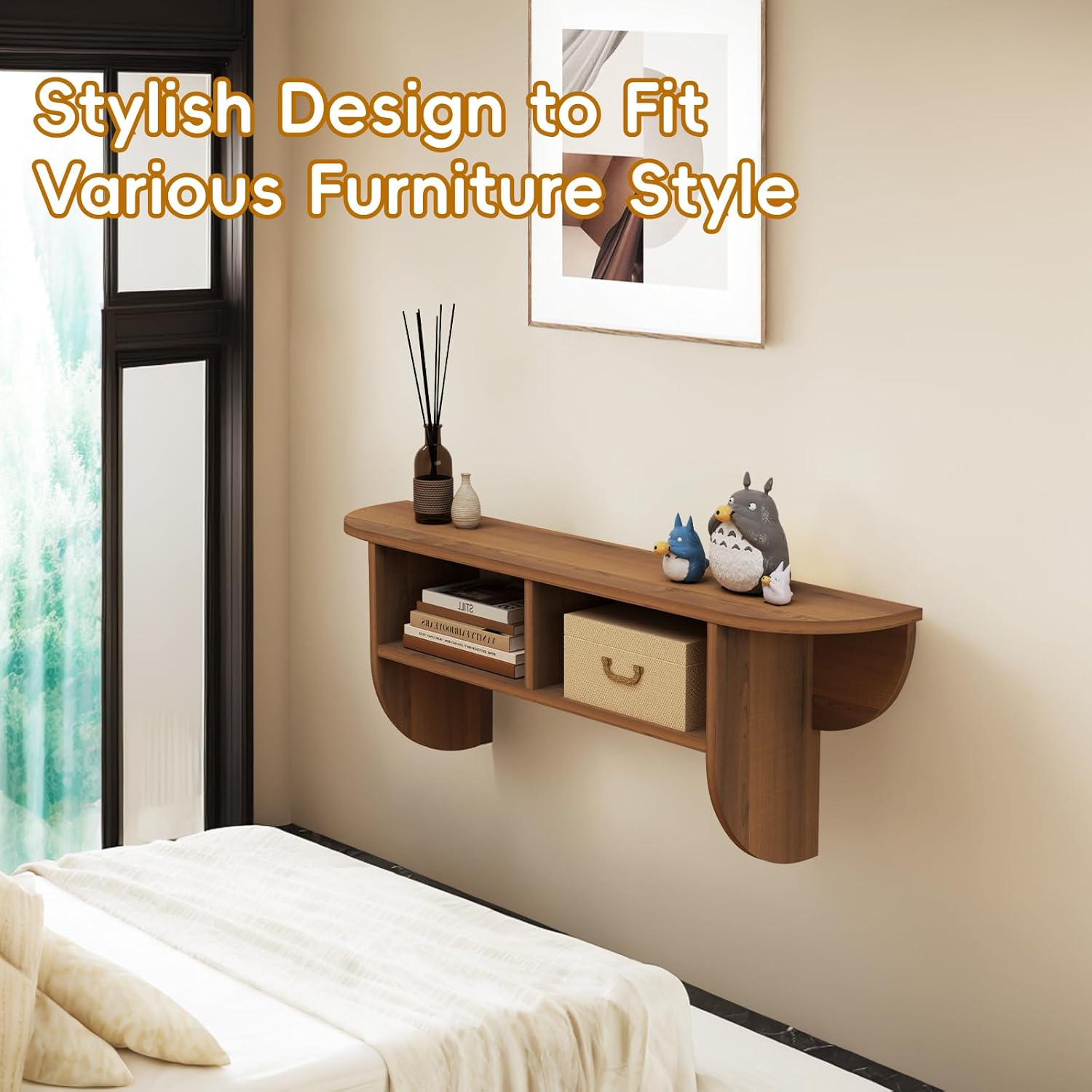 Walnut Modern Floating Display Wall Shelf with Storage Cubbies