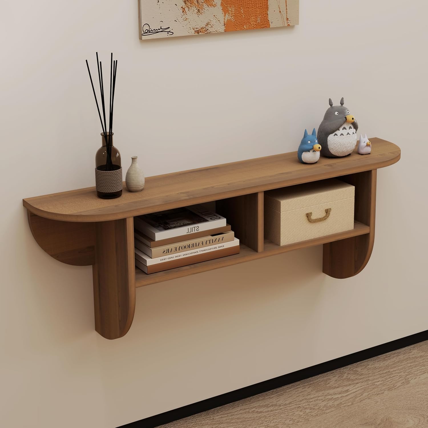 Walnut Modern Floating Display Wall Shelf with Storage Cubbies
