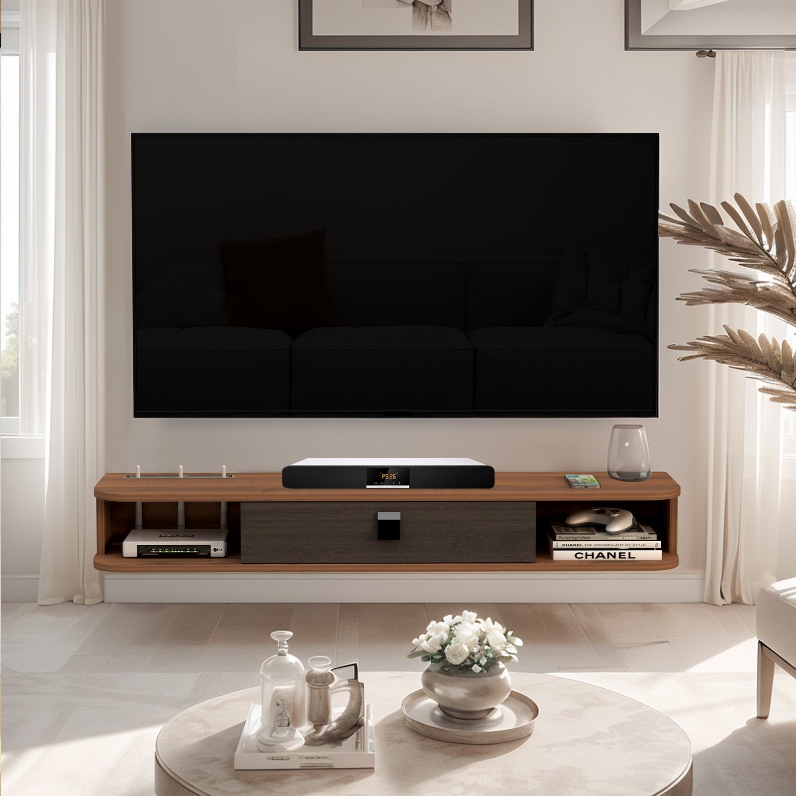 Narrow Wall Mounted Entertainment Center & Floating TV Wall Shelf with Cable Management & Storage for Soundbar, AV, TV Equipment, Walnut