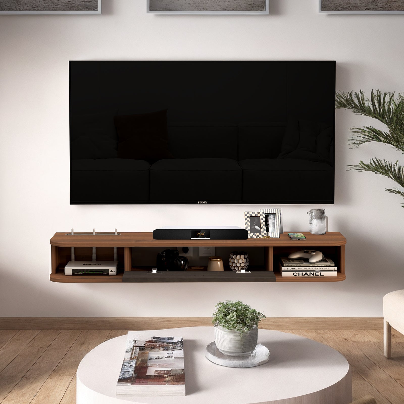 4 ft Walnut Wooden Wall Mounted Narrow TV stand for 50” Televisions, Floating Shelf Under a TV with Door for Cable Box, Game Consoles, DVD Player