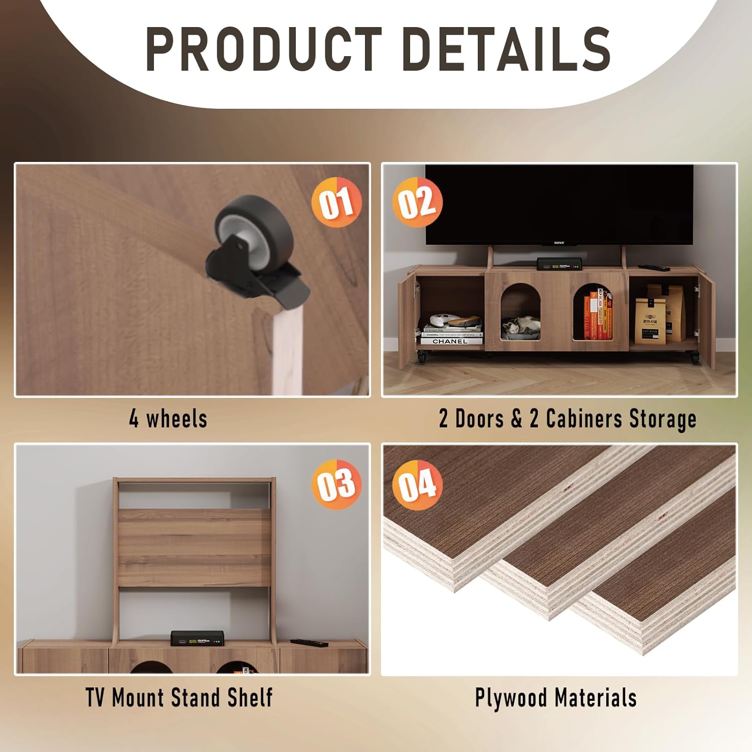 48.5" Rolling Wood TV Stand, Walnut