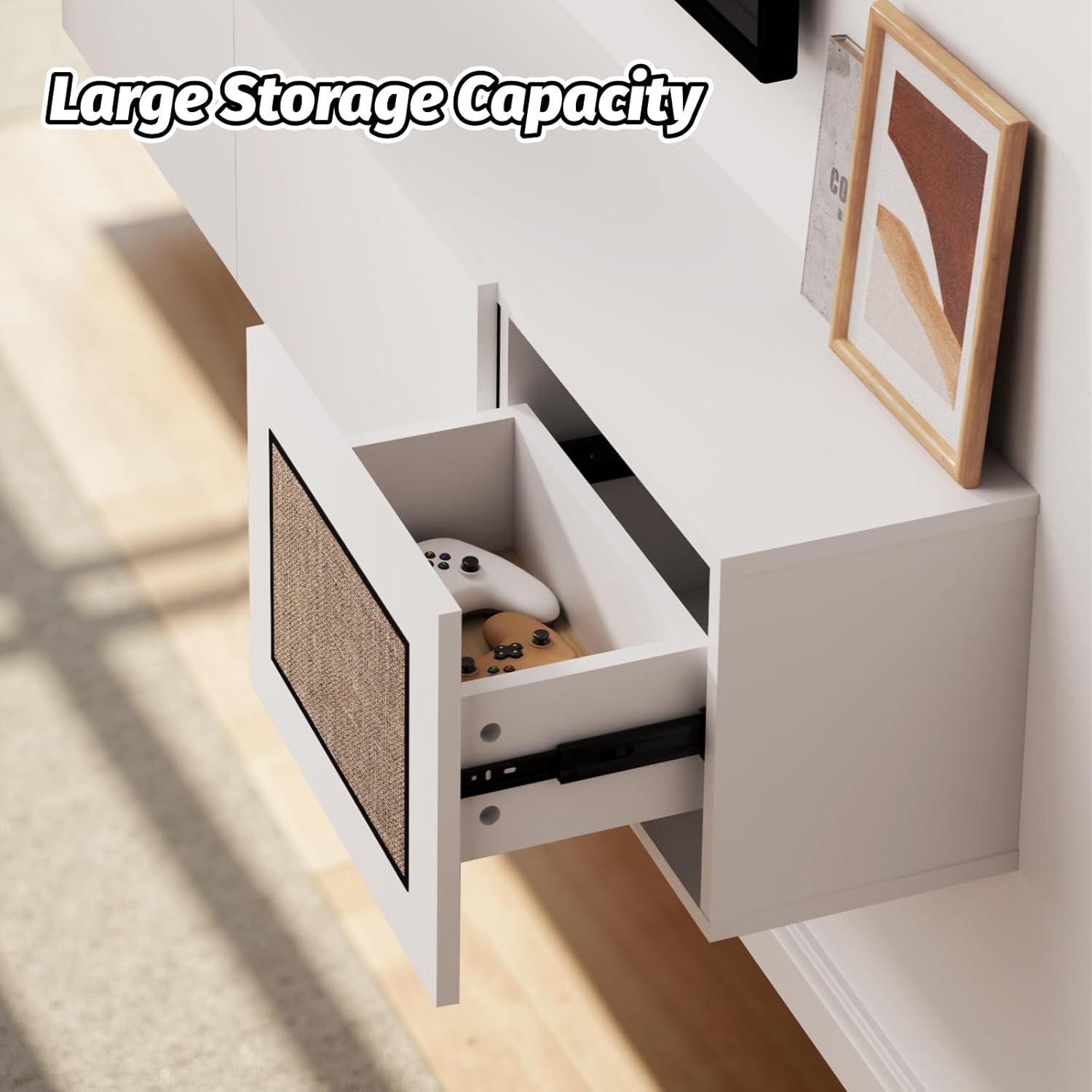 Natura 94.48" Woven Panel Drawer Floating TV Stand, White