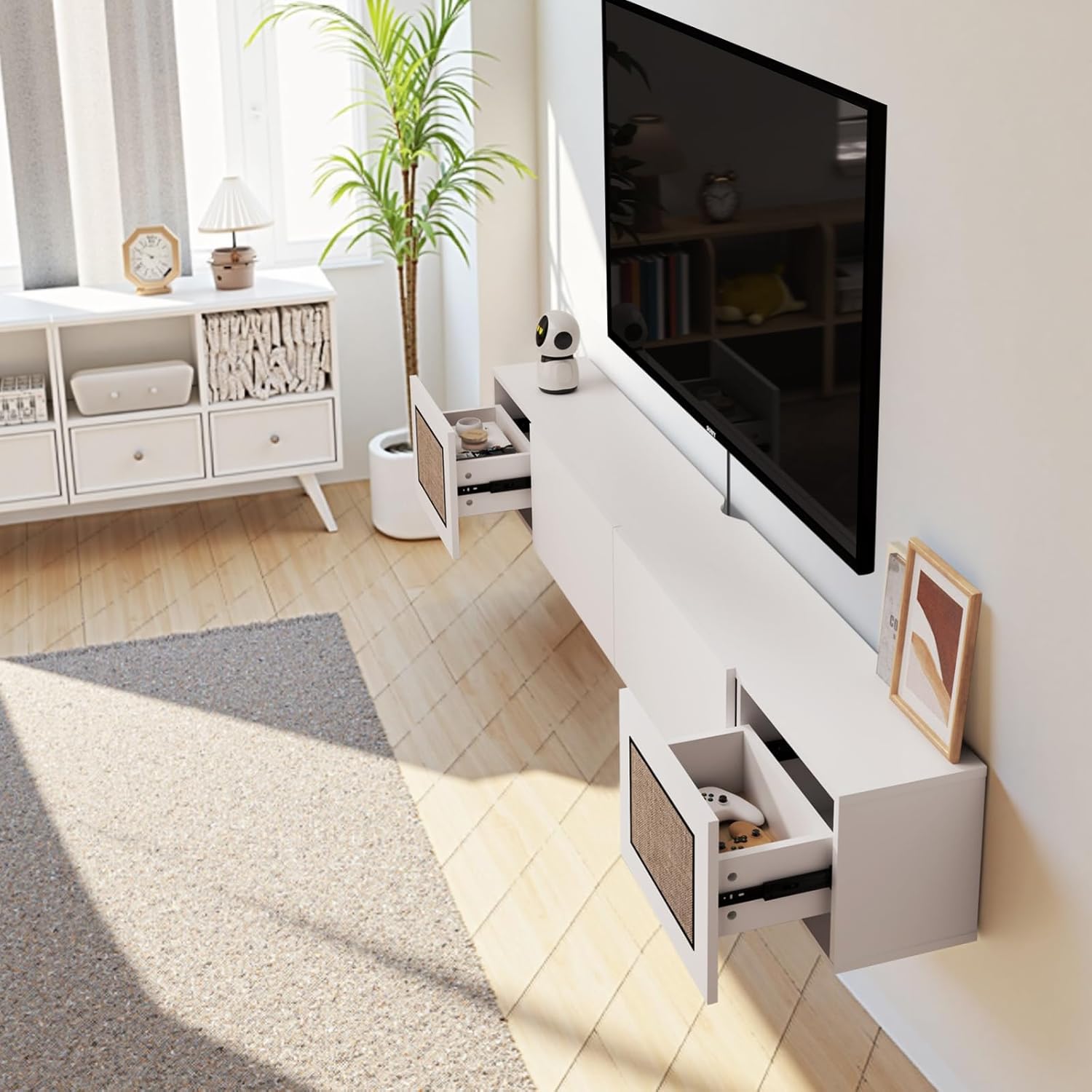 Natura 94.48" Woven Panel Drawer Floating TV Stand, White