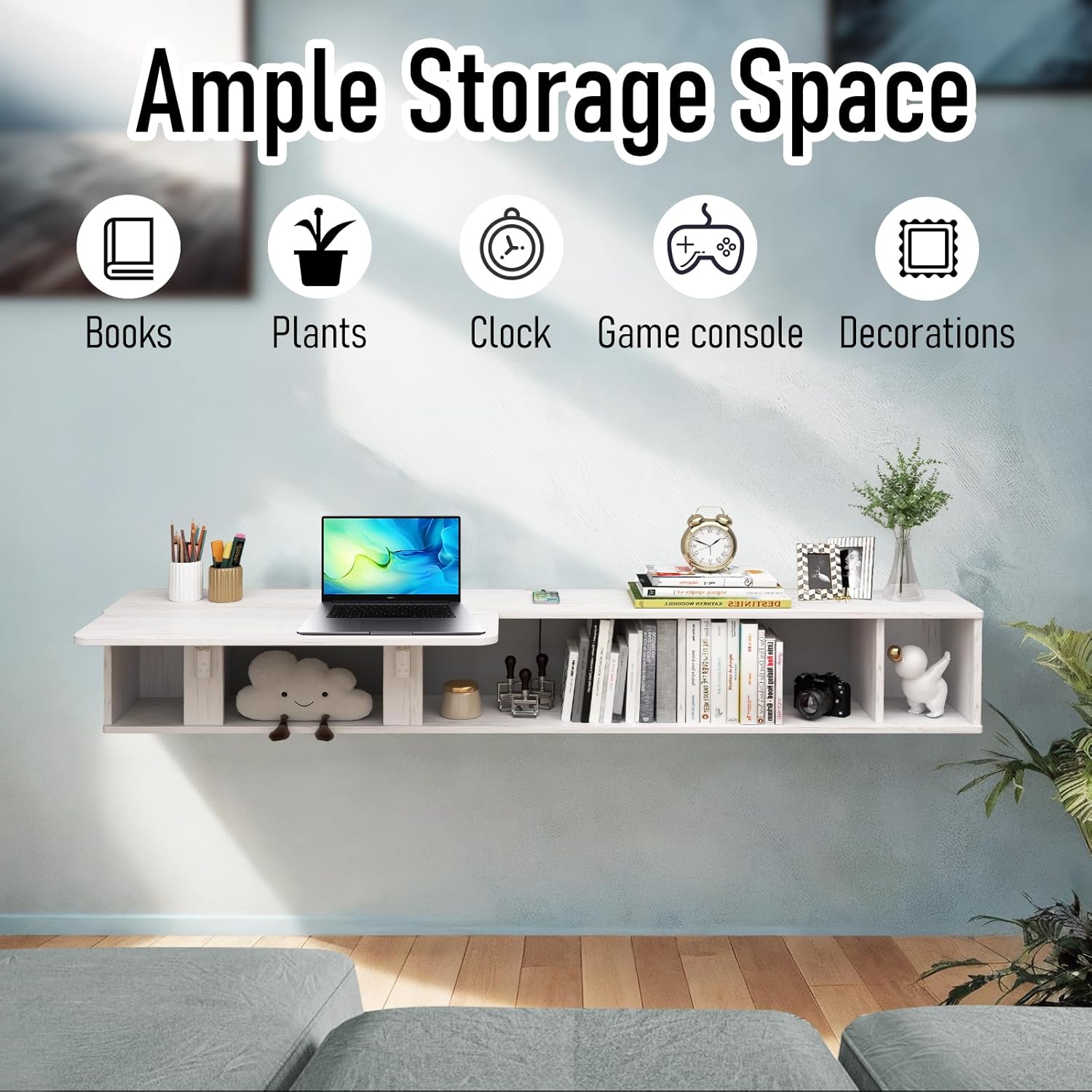 White Wall Mount Shelf & Fold Down Desk for Small Space Home Office