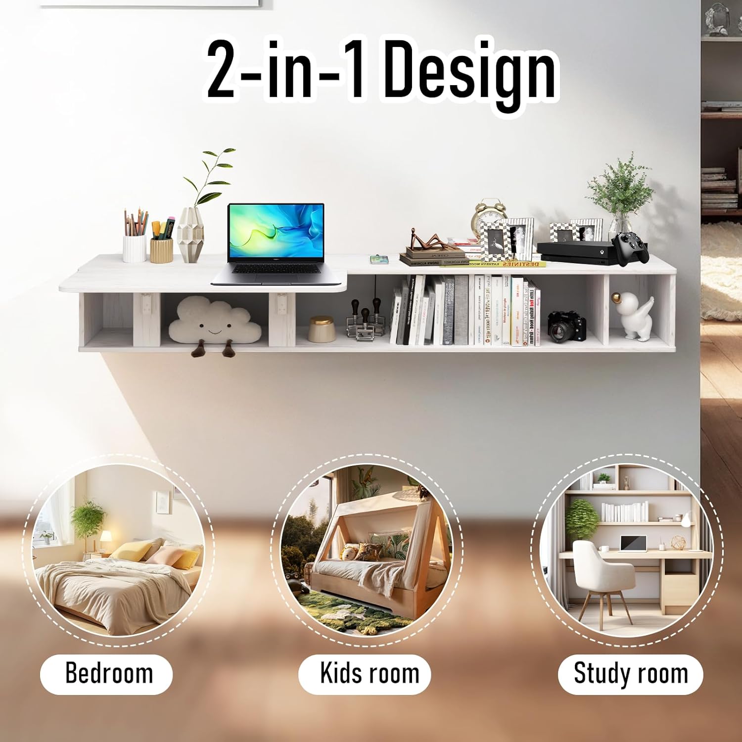 White Wall Mount Fold Down Desk,Floating Workstation for Home Office