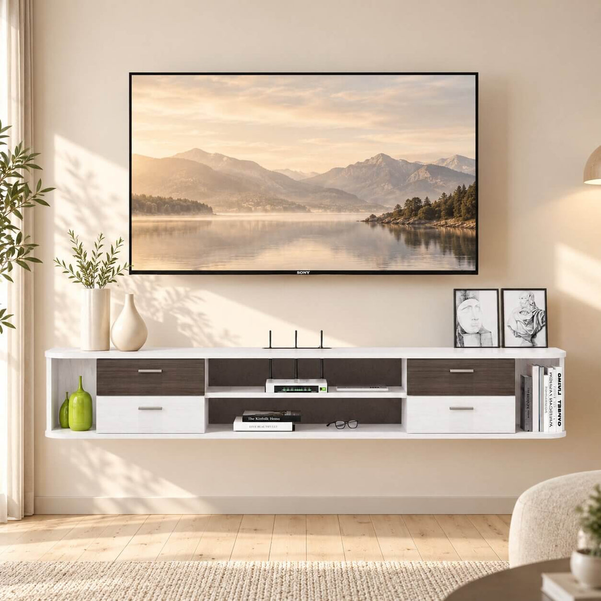 56" Drawista Floating TV Stand, Greyish White