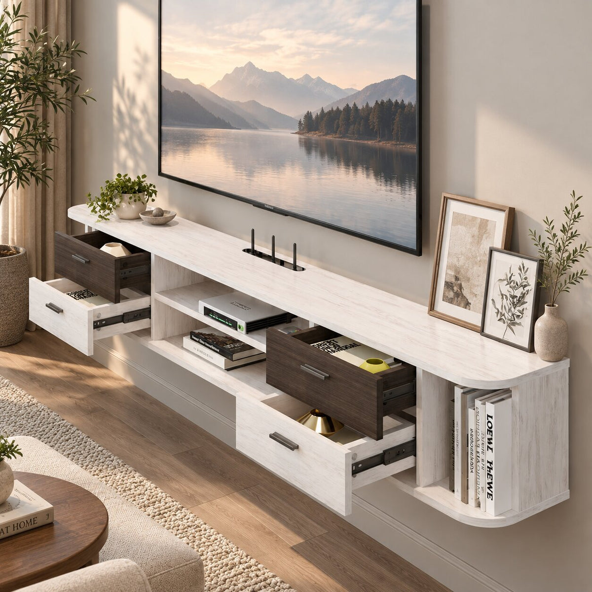 47" Drawista Floating TV Stand, Greyish White
