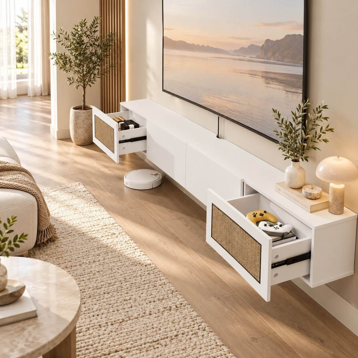 Natura 94.48" Woven Panel Drawer Floating TV Stand, White