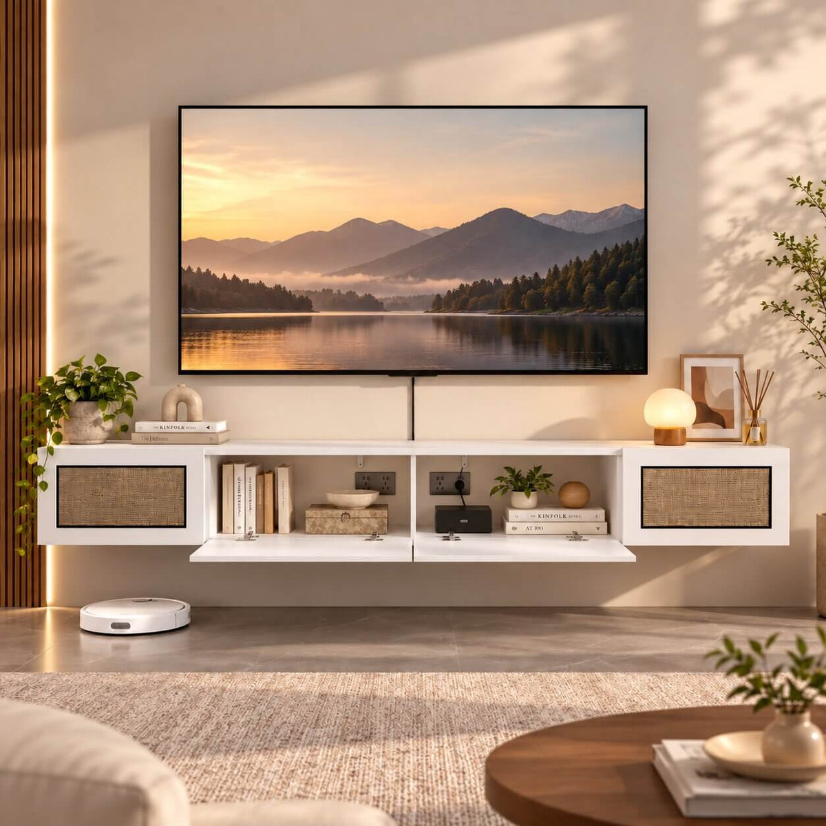 Natura 94.48" Woven Panel Drawer Floating TV Stand, White