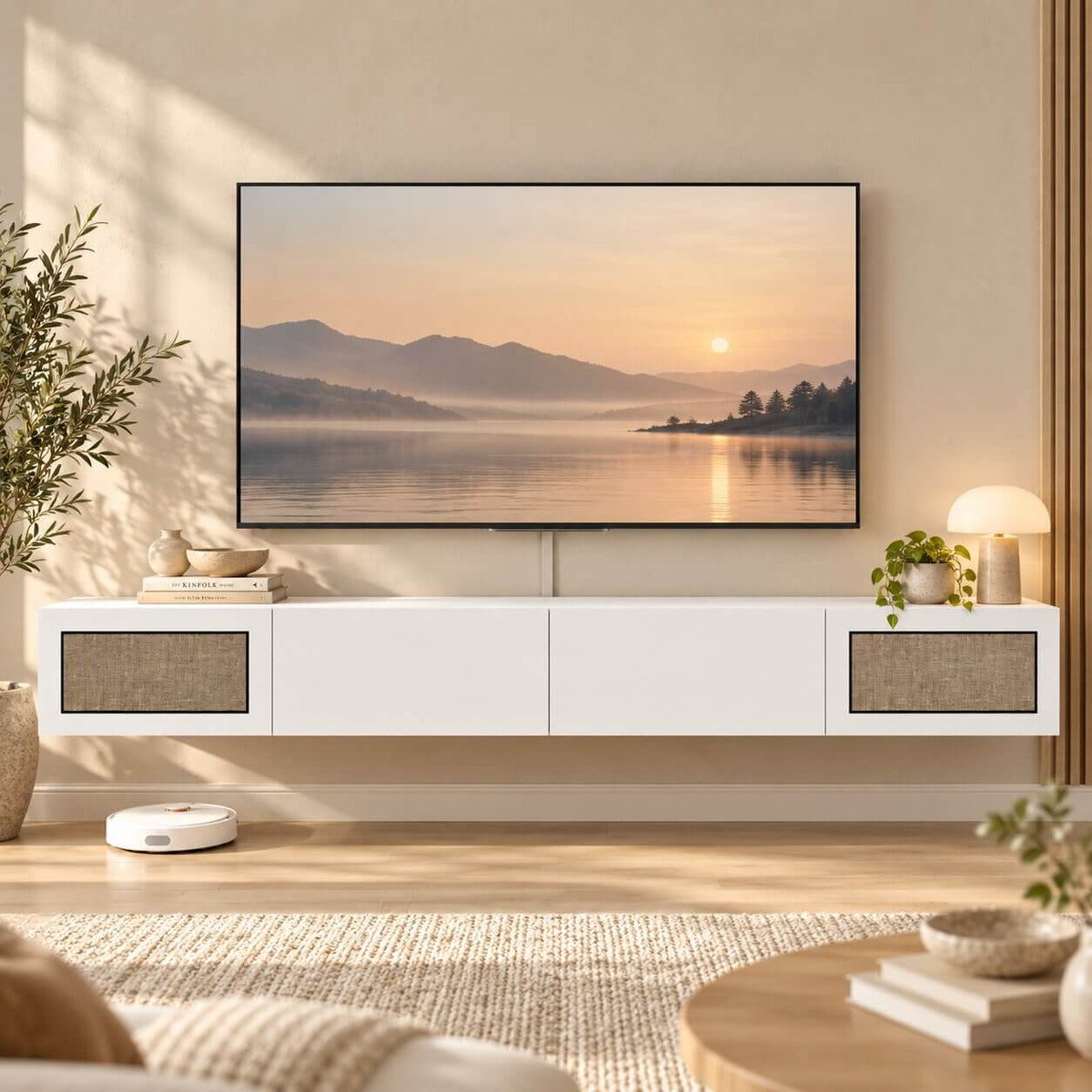 Natura 94.48" Woven Panel Drawer Floating TV Stand, White