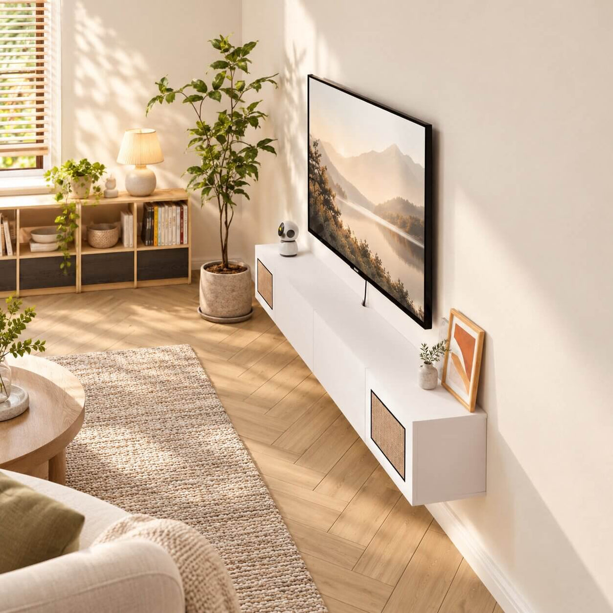 Natura 55.51" Woven Panel Drawer Floating TV Stand, White