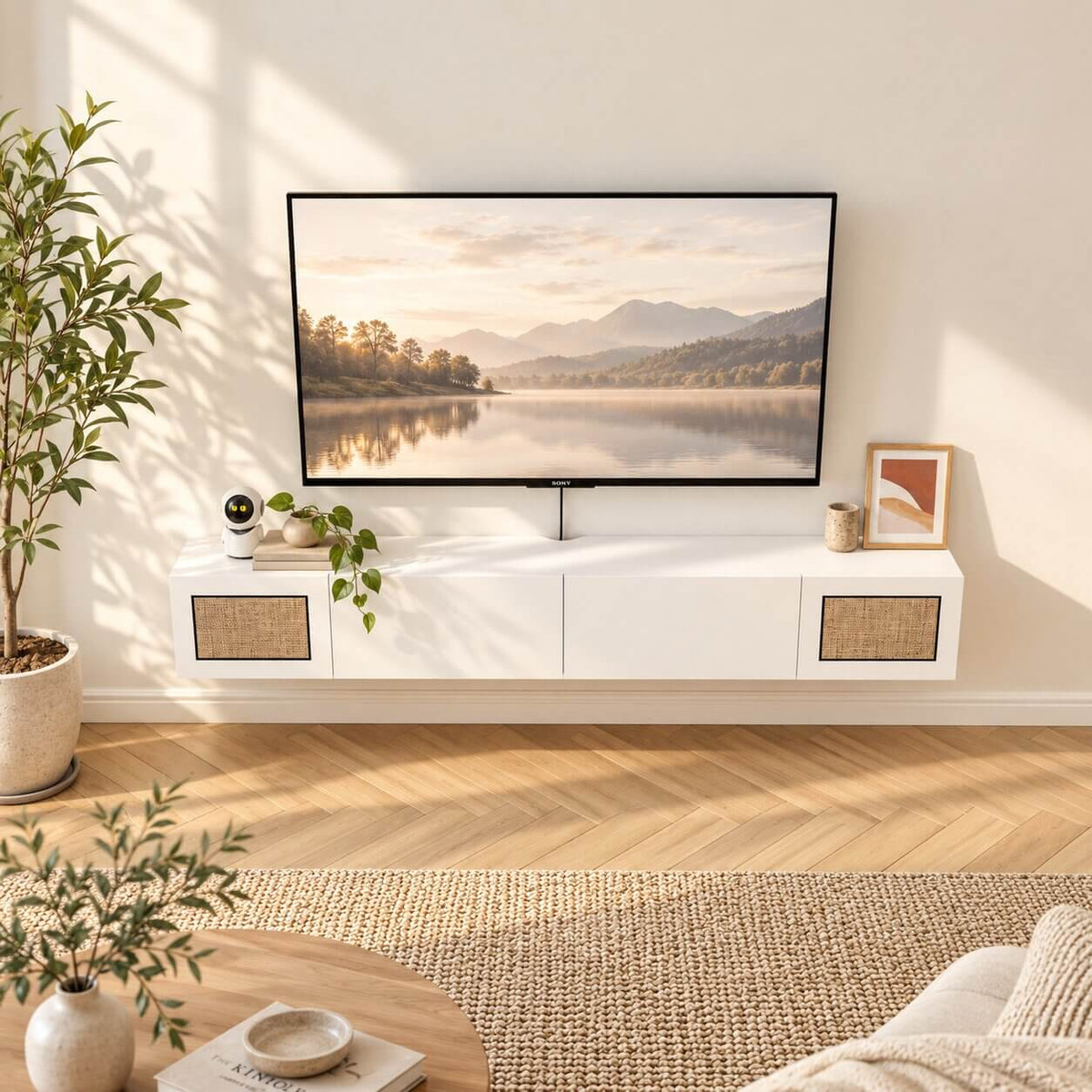 Natura 55.51" Woven Panel Drawer Floating TV Stand, White