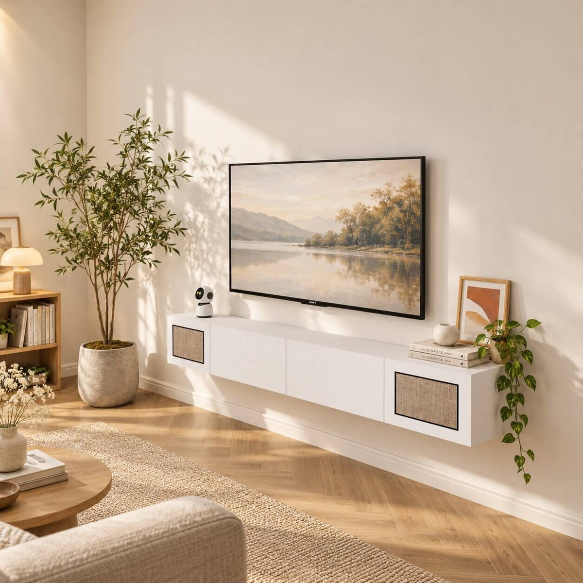 Natura 55.51" Woven Panel Drawer Floating TV Stand, White