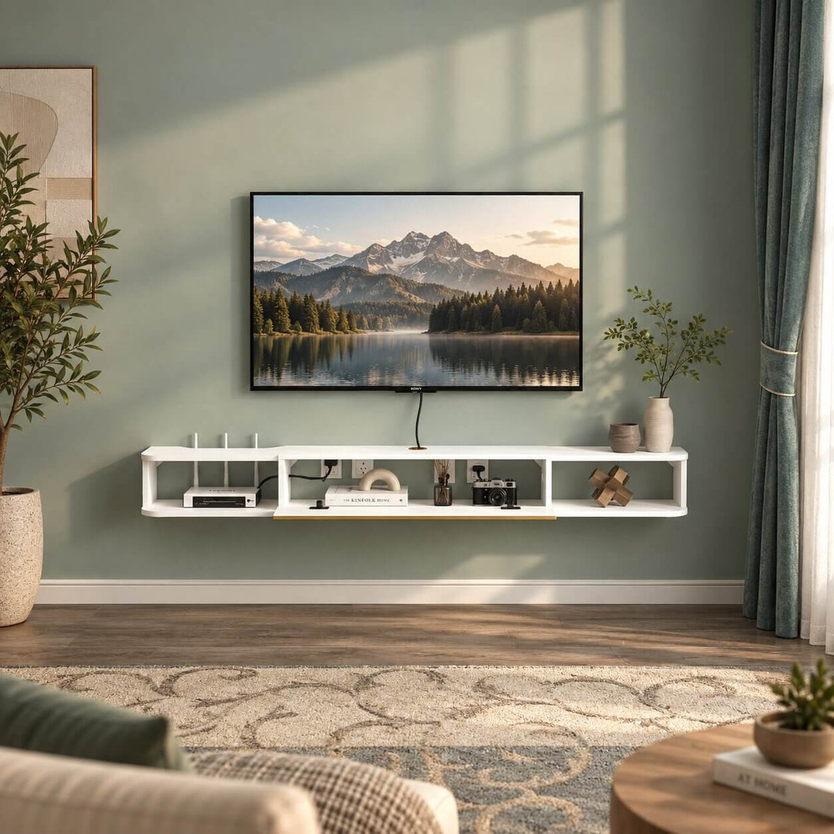 78" Slendera Floating TV Stand, Marble White