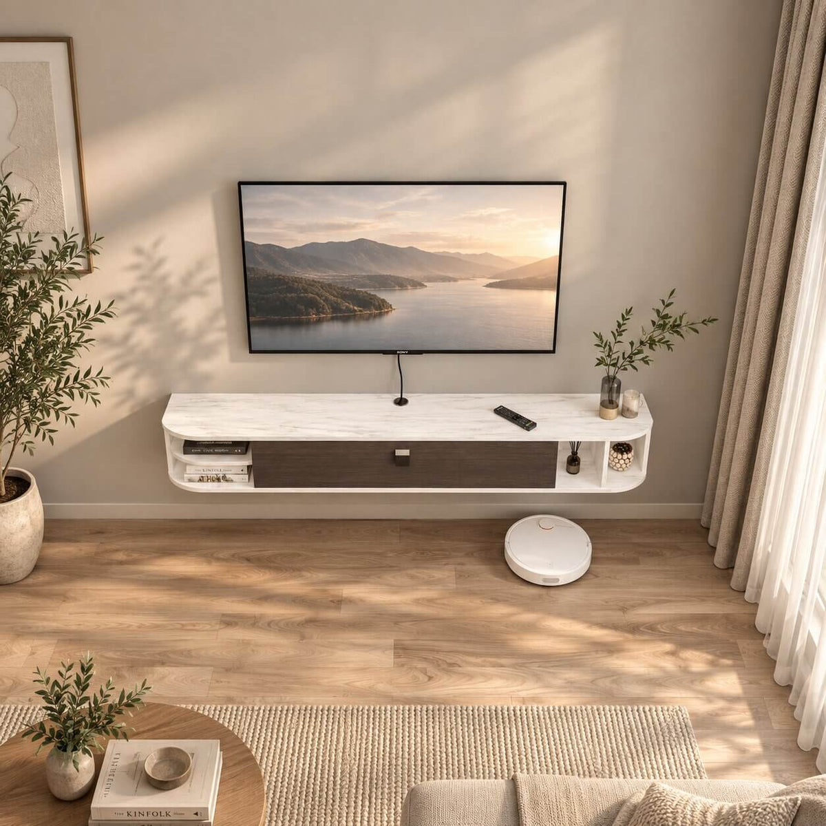 55" Modestia Floating TV Stand, Greyish White