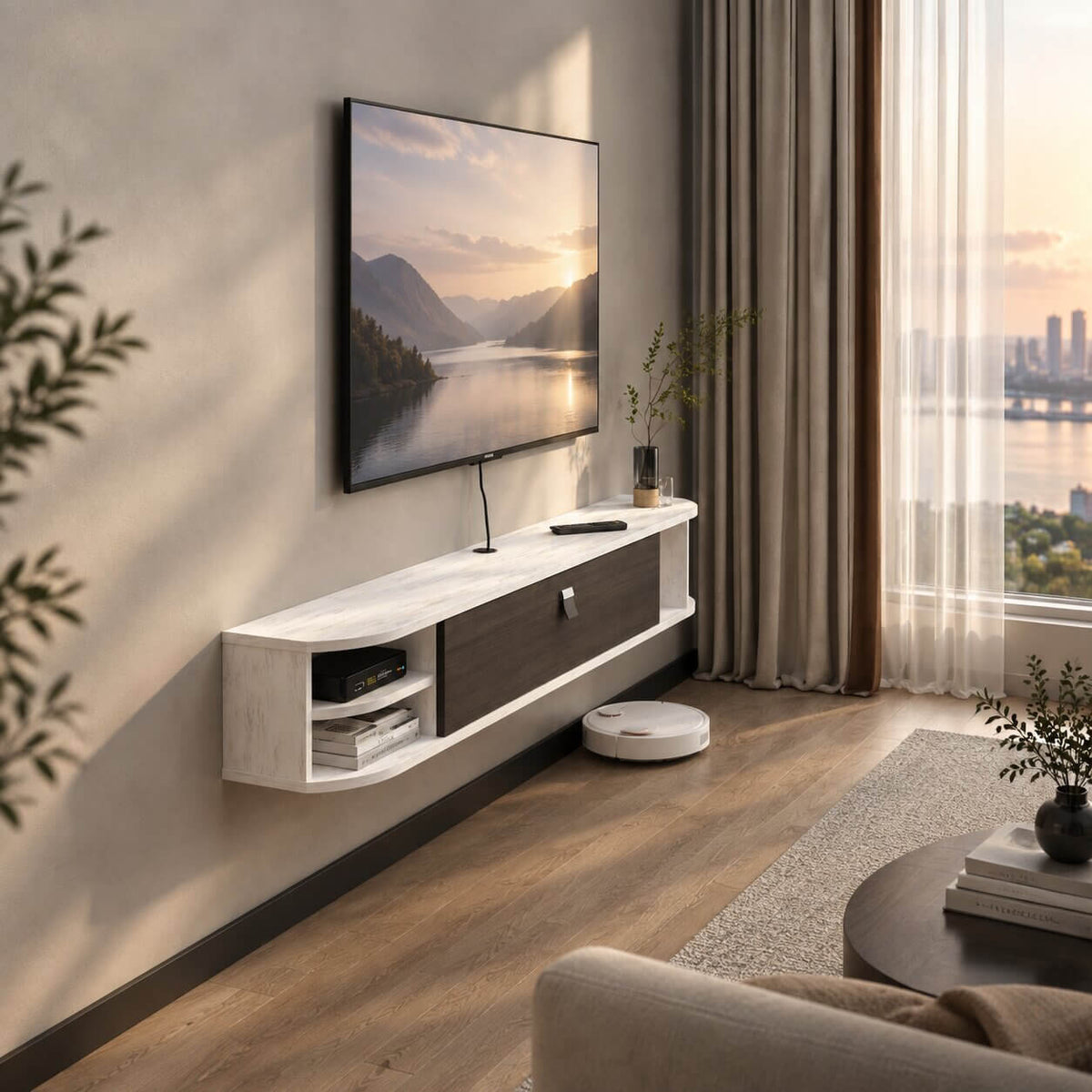 55" Modestia Floating TV Stand, Greyish White