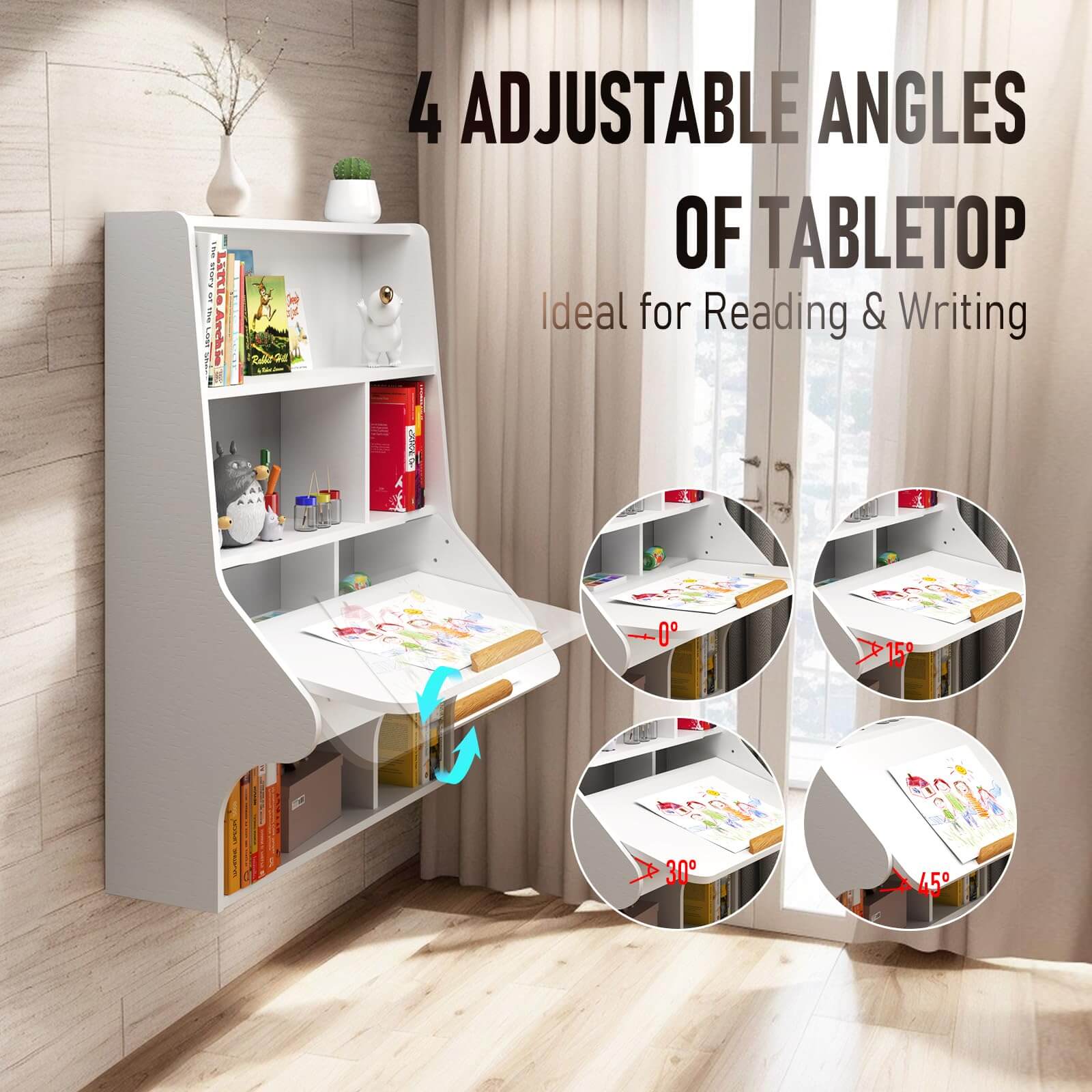 White Plywood Wall Mounted Adjustable Folding Desk with Bookshelf